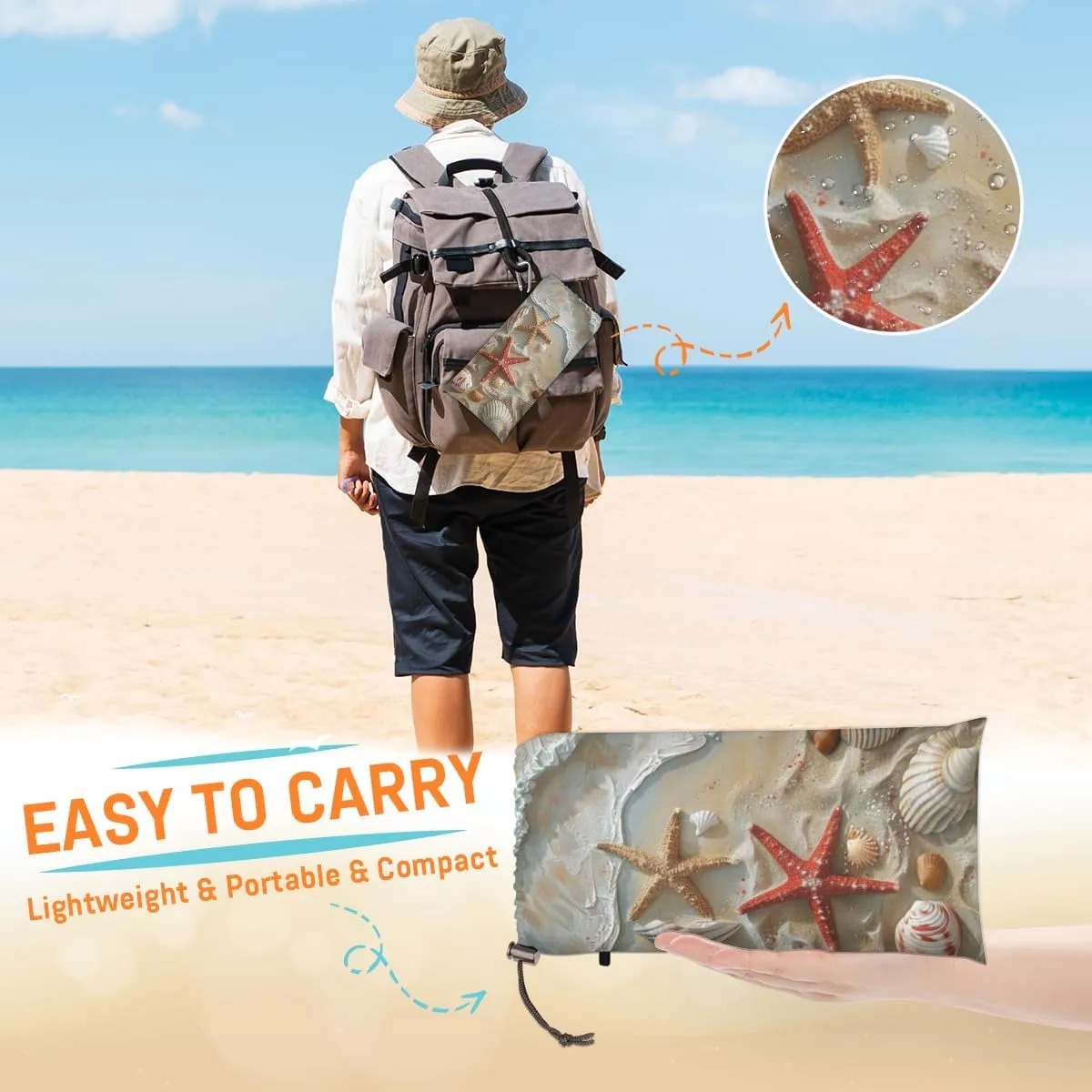 Beach Beach Blanket, Sandproof Beach Mat, Adults Waterproof Quick Drying Sand Free Mat with 4 x Ground Spikes for Outdoor Travel Camping Hiking, Summer Ocean Beach Seashell Starfish