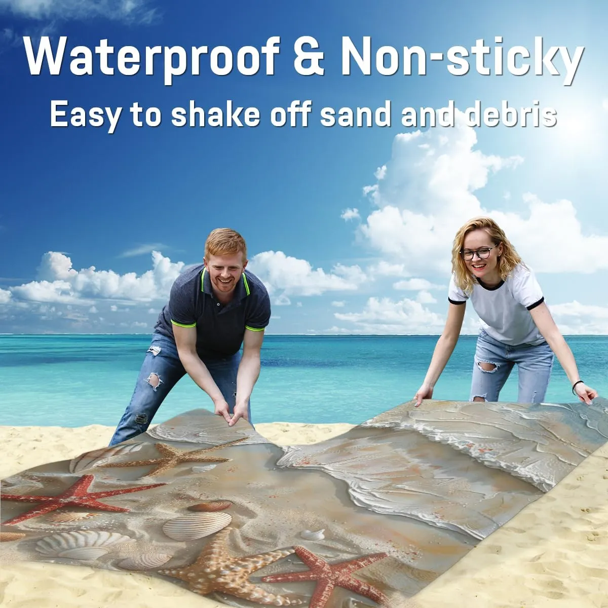 Beach Beach Blanket, Sandproof Beach Mat, Adults Waterproof Quick Drying Sand Free Mat with 4 x Ground Spikes for Outdoor Travel Camping Hiking, Summer Ocean Beach Seashell Starfish