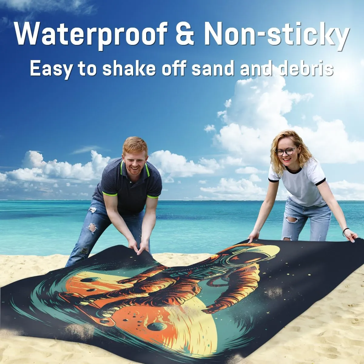 Beach Blanket, Astronaut Universe Sandproof Beach Mat, Waterproof Quick Drying Sand Free Mat with 4 x Ground Spikes for Outdoor Travel Camping Hiking, Space 68 x 59 in