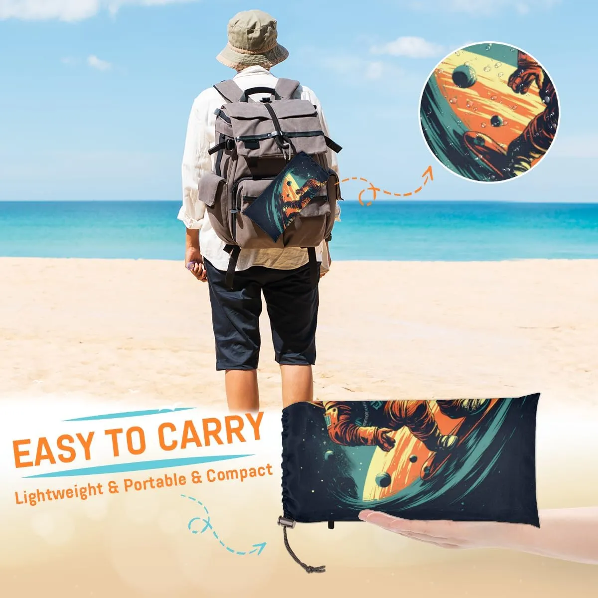 Beach Blanket, Astronaut Universe Sandproof Beach Mat, Waterproof Quick Drying Sand Free Mat with 4 x Ground Spikes for Outdoor Travel Camping Hiking, Space 68 x 59 in