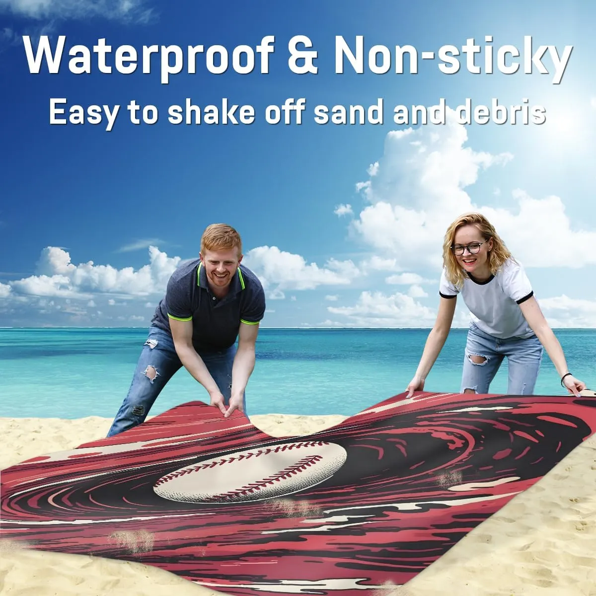 Beach Blanket, Baseball Sandproof Beach Mat, Waterproof Quick Drying Sand Free Mat with 4 x Ground Spikes for Outdoor Travel Camping Hiking, Softball 68 x 59 in