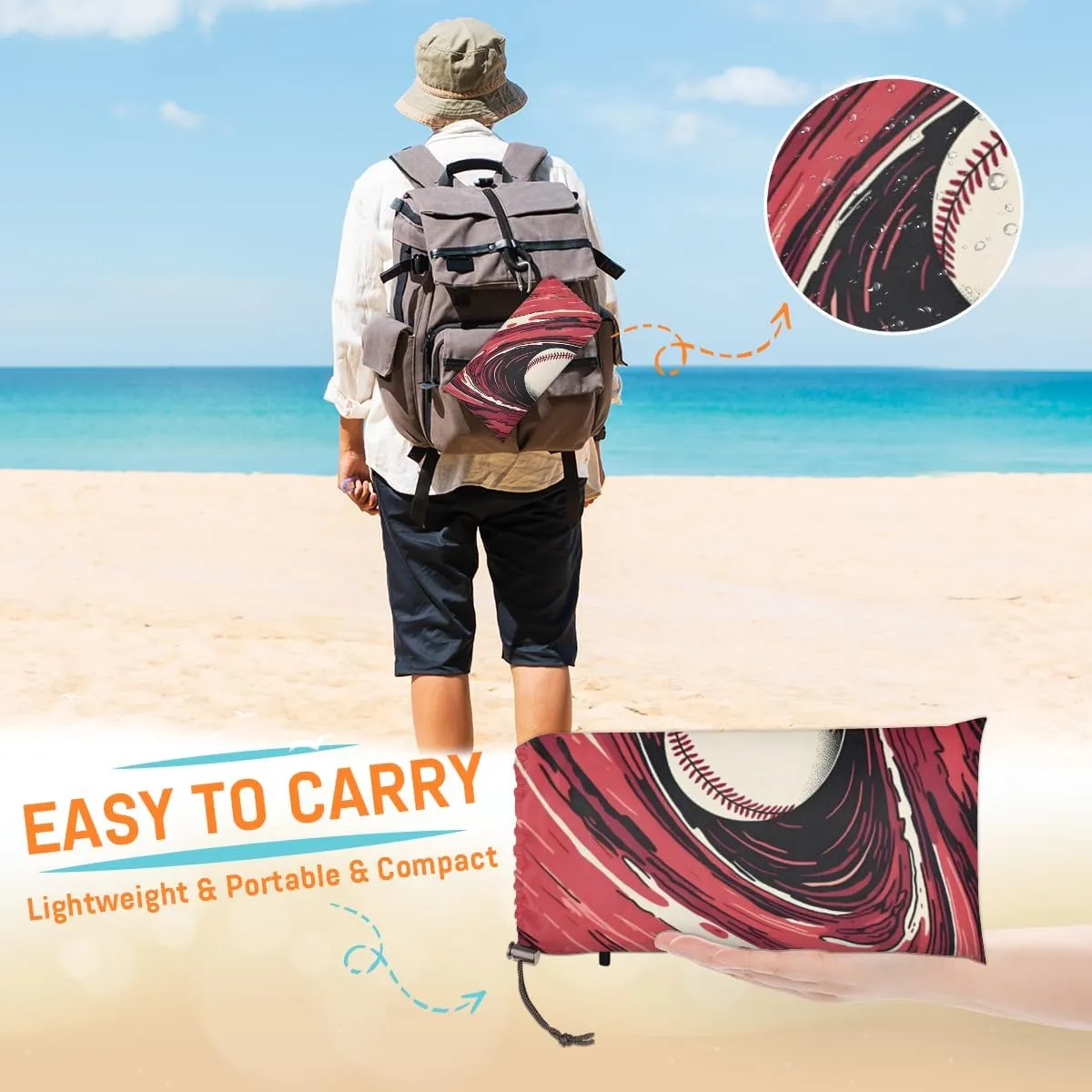 Beach Blanket, Baseball Sandproof Beach Mat, Waterproof Quick Drying Sand Free Mat with 4 x Ground Spikes for Outdoor Travel Camping Hiking, Softball 68 x 59 in