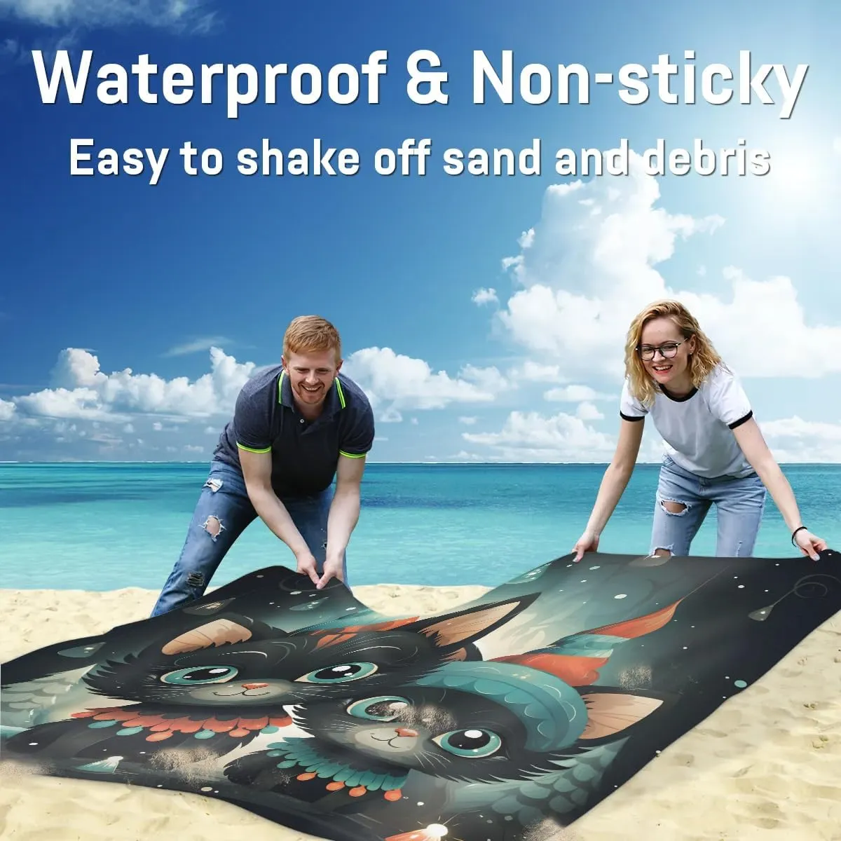 Beach Blanket, Black Cat Sandproof Beach Mat, Waterproof Quick Drying Sand Free Mat with 4 x Ground Spikes for Outdoor Travel Camping Hiking, Cute Animals 68 x 59 in