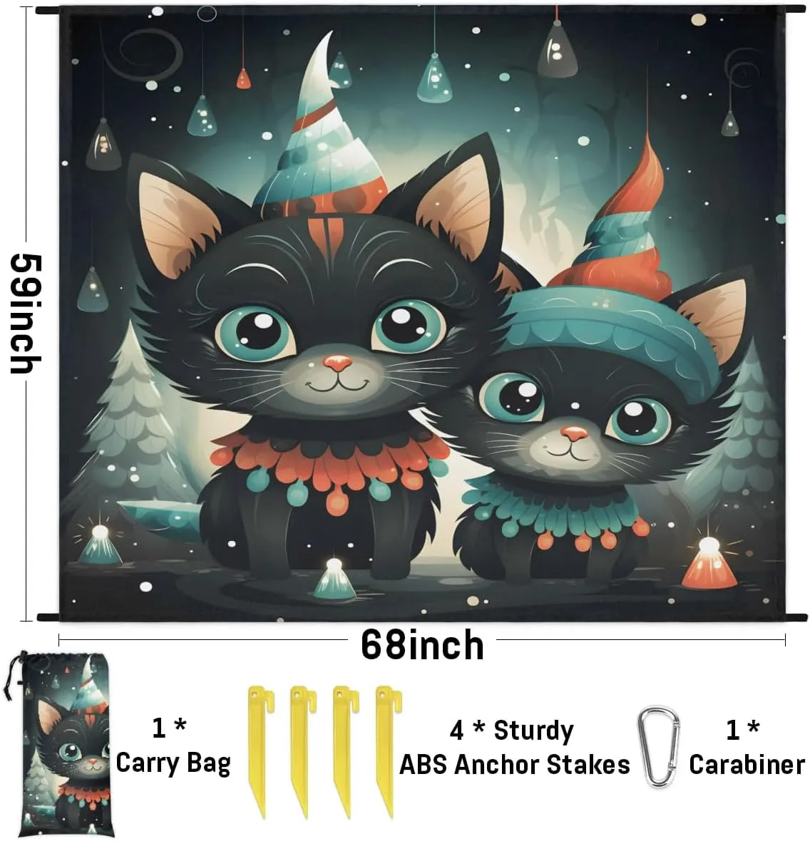 Beach Blanket, Black Cat Sandproof Beach Mat, Waterproof Quick Drying Sand Free Mat with 4 x Ground Spikes for Outdoor Travel Camping Hiking, Cute Animals 68 x 59 in