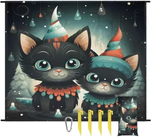 Beach Blanket, Black Cat Sandproof Beach Mat, Waterproof Quick Drying Sand Free Mat with 4 x Ground Spikes for Outdoor Travel Camping Hiking, Cute Animals 68 x 59 in