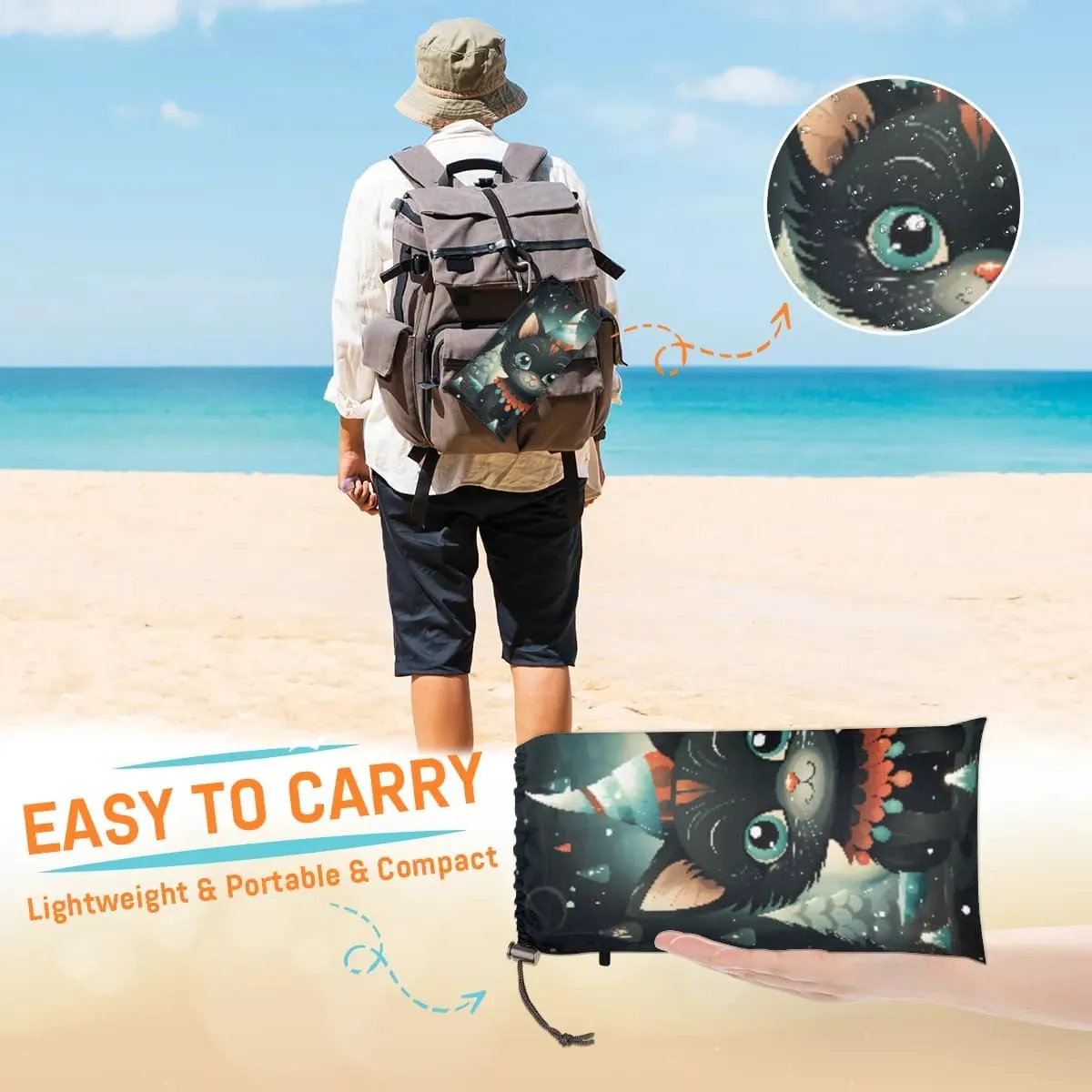Beach Blanket, Black Cat Sandproof Beach Mat, Waterproof Quick Drying Sand Free Mat with 4 x Ground Spikes for Outdoor Travel Camping Hiking, Cute Animals 68 x 59 in
