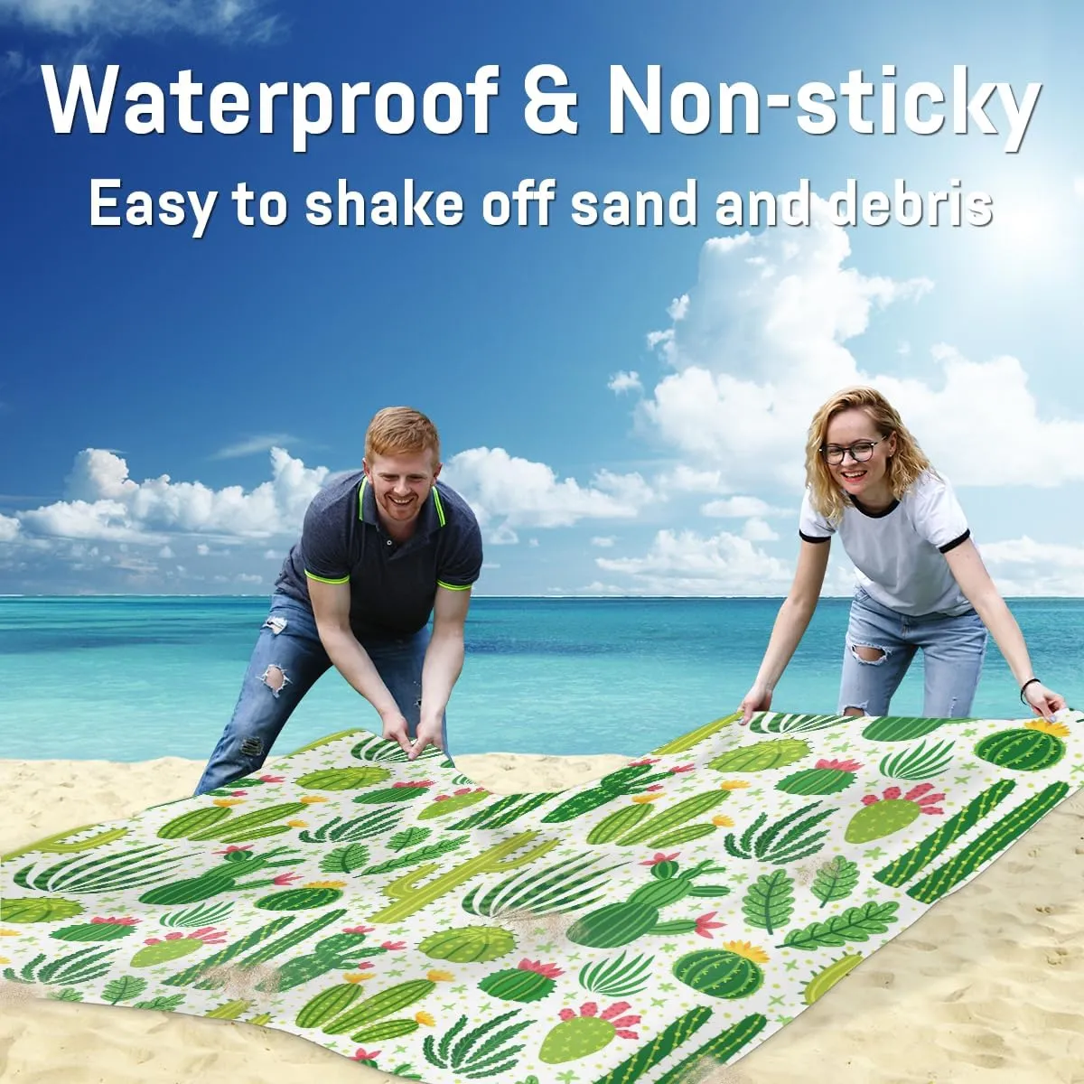 Beach Blanket, Cactus Sandproof Beach Mat, Waterproof Quick Drying Sand Free Mat with 4 x Ground Spikes for Outdoor Travel Camping Hiking, Cactus Plants Flower 68 x 59 in