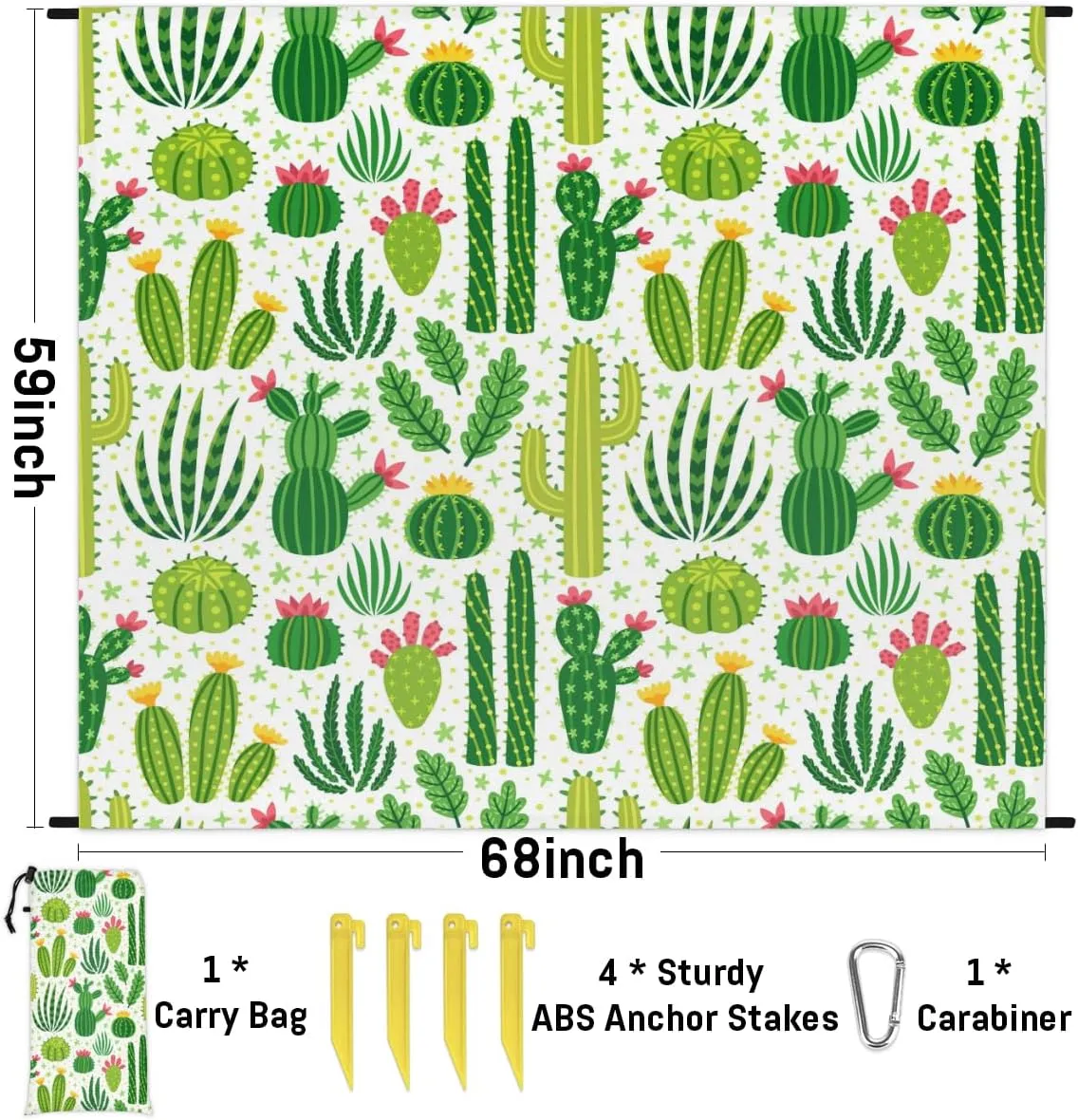 Beach Blanket, Cactus Sandproof Beach Mat, Waterproof Quick Drying Sand Free Mat with 4 x Ground Spikes for Outdoor Travel Camping Hiking, Cactus Plants Flower 68 x 59 in
