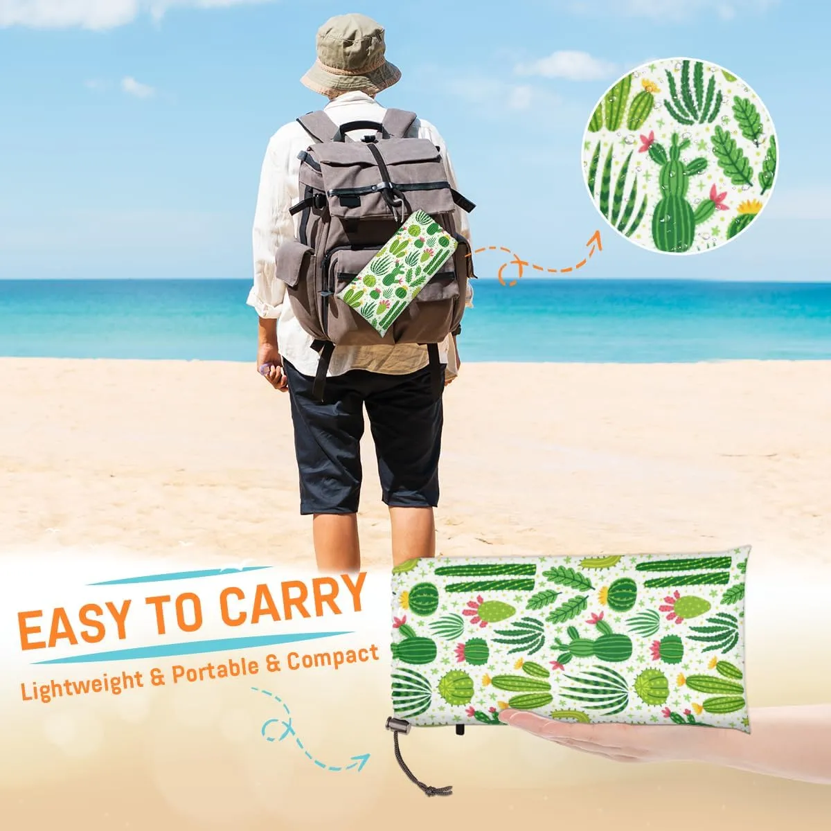 Beach Blanket, Cactus Sandproof Beach Mat, Waterproof Quick Drying Sand Free Mat with 4 x Ground Spikes for Outdoor Travel Camping Hiking, Cactus Plants Flower 68 x 59 in