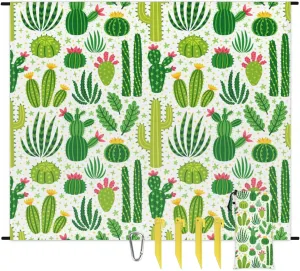 Beach Blanket, Cactus Sandproof Beach Mat, Waterproof Quick Drying Sand Free Mat with 4 x Ground Spikes for Outdoor Travel Camping Hiking, Cactus Plants Flower 68 x 59 in