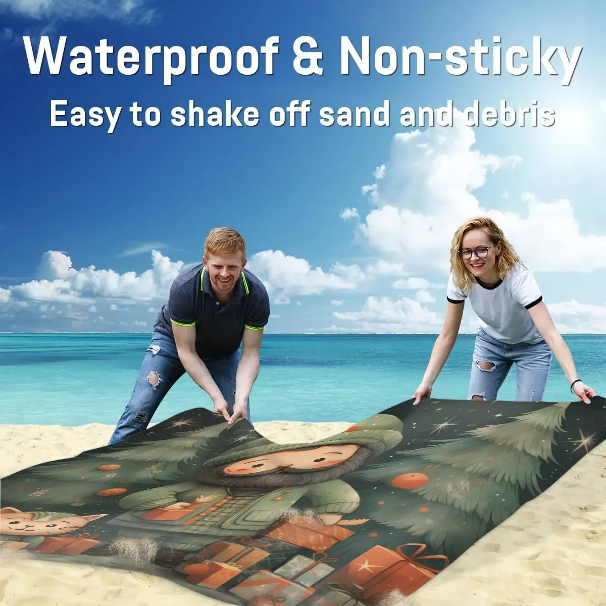 Beach Blanket, Christmas Santa Claus Sandproof Beach Mat, Waterproof Quick Drying Sand Free Mat with 4 x Ground Spikes for Outdoor Travel Camping Hiking, Christmas 68 x 59 in