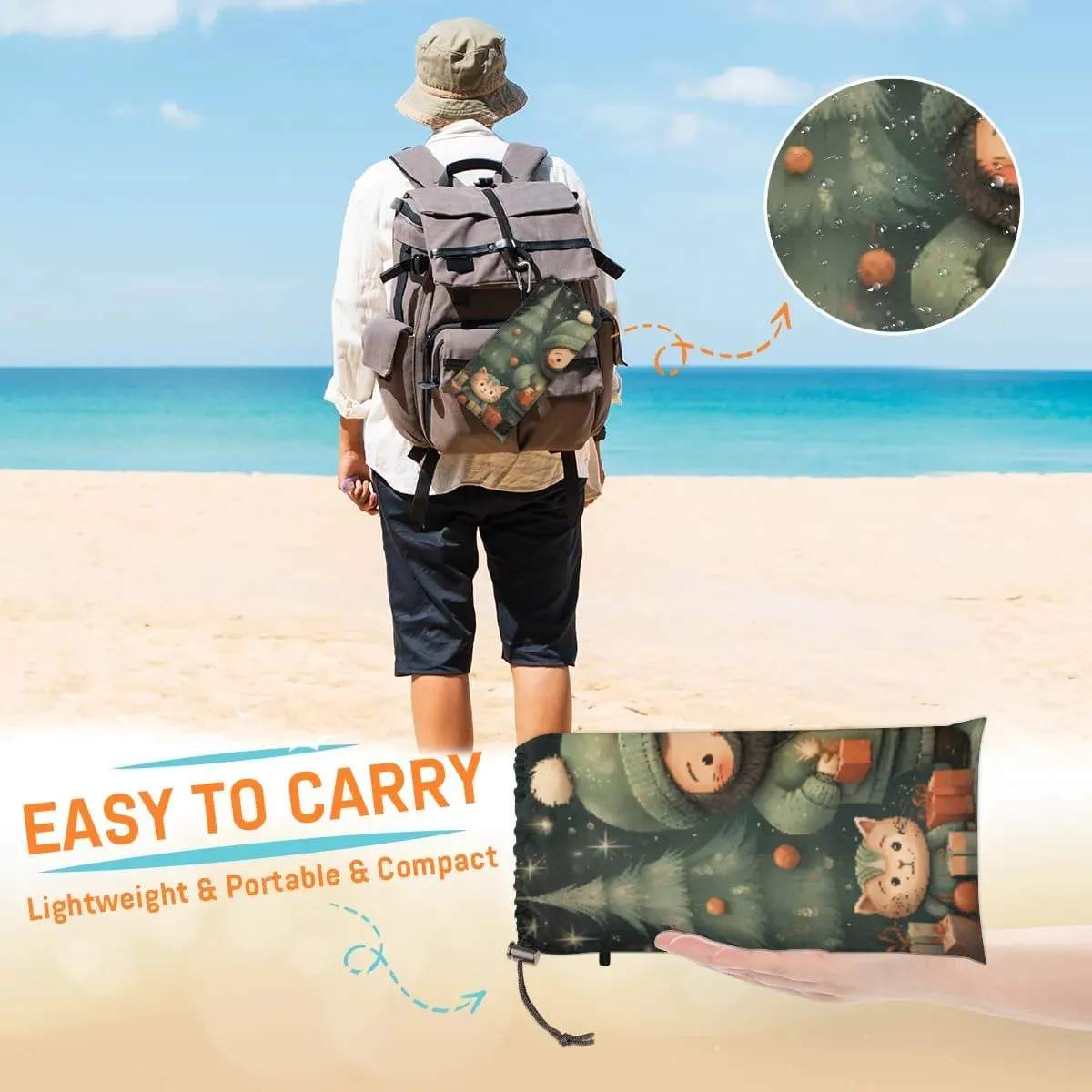 Beach Blanket, Christmas Santa Claus Sandproof Beach Mat, Waterproof Quick Drying Sand Free Mat with 4 x Ground Spikes for Outdoor Travel Camping Hiking, Christmas 68 x 59 in