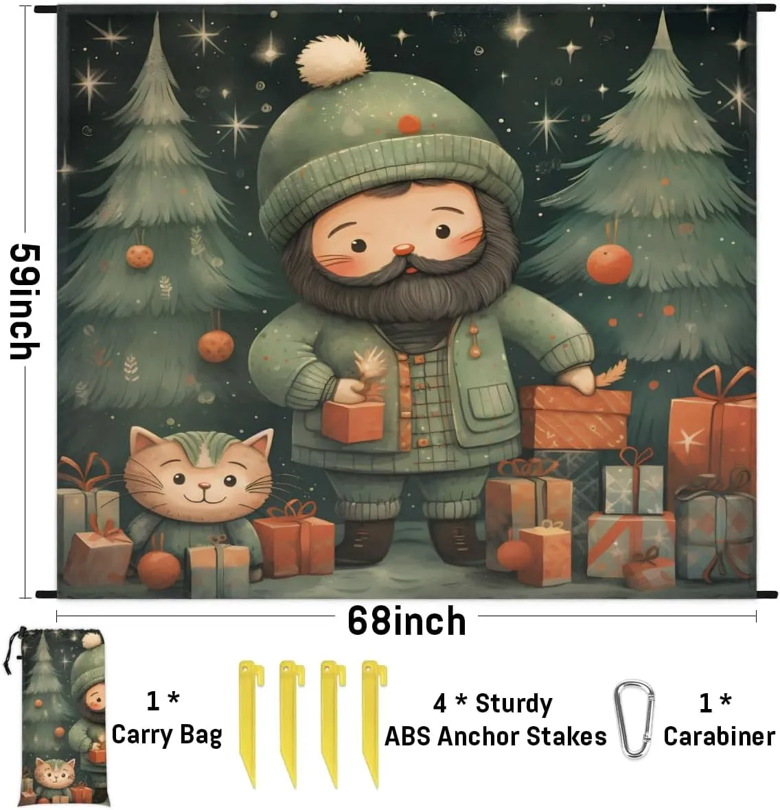 Beach Blanket, Christmas Santa Claus Sandproof Beach Mat, Waterproof Quick Drying Sand Free Mat with 4 x Ground Spikes for Outdoor Travel Camping Hiking, Christmas 68 x 59 in