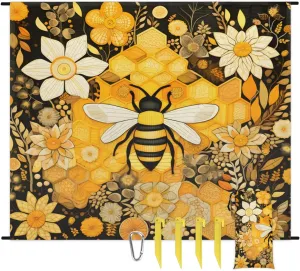 Beach Blanket, Cute Bee Sandproof Beach Mat, Waterproof Quick Drying Sand Free Mat with 4 x Ground Spikes for Outdoor Travel Camping Hiking, Bee Floral 68 x 59 in