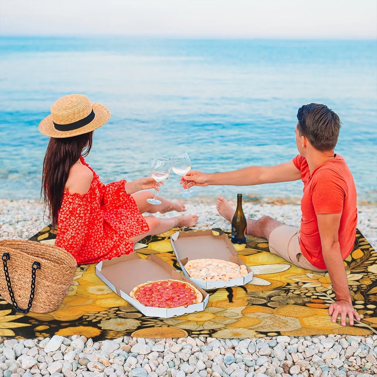 Beach Blanket, Cute Bee Sandproof Beach Mat, Waterproof Quick Drying Sand Free Mat with 4 x Ground Spikes for Outdoor Travel Camping Hiking, Bee Floral 68 x 59 in