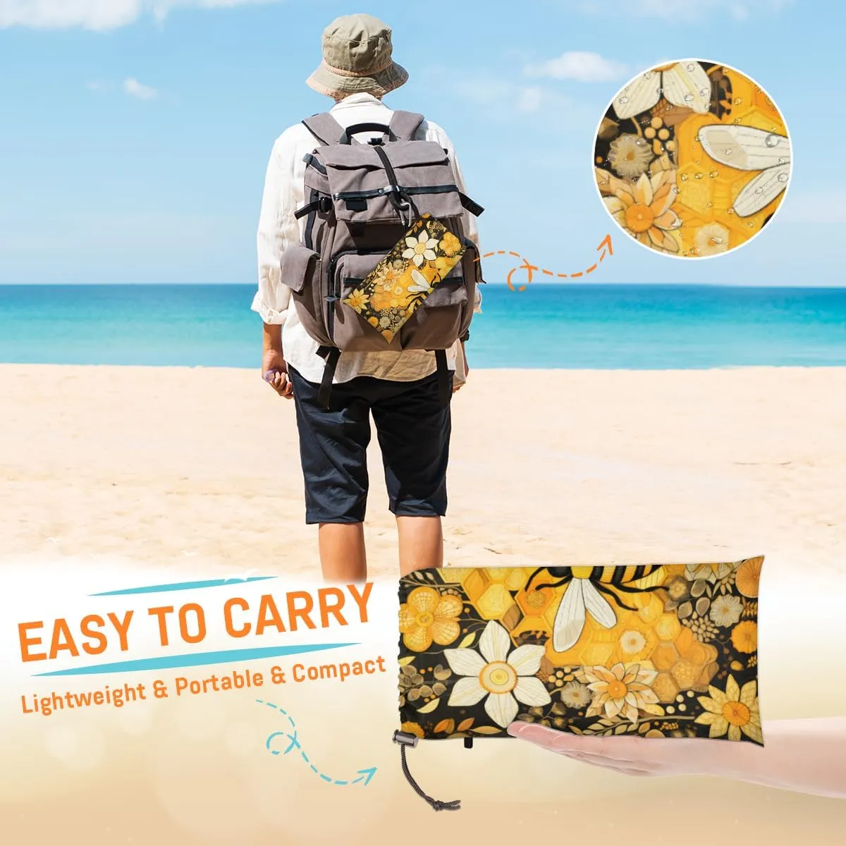 Beach Blanket, Cute Bee Sandproof Beach Mat, Waterproof Quick Drying Sand Free Mat with 4 x Ground Spikes for Outdoor Travel Camping Hiking, Bee Floral 68 x 59 in
