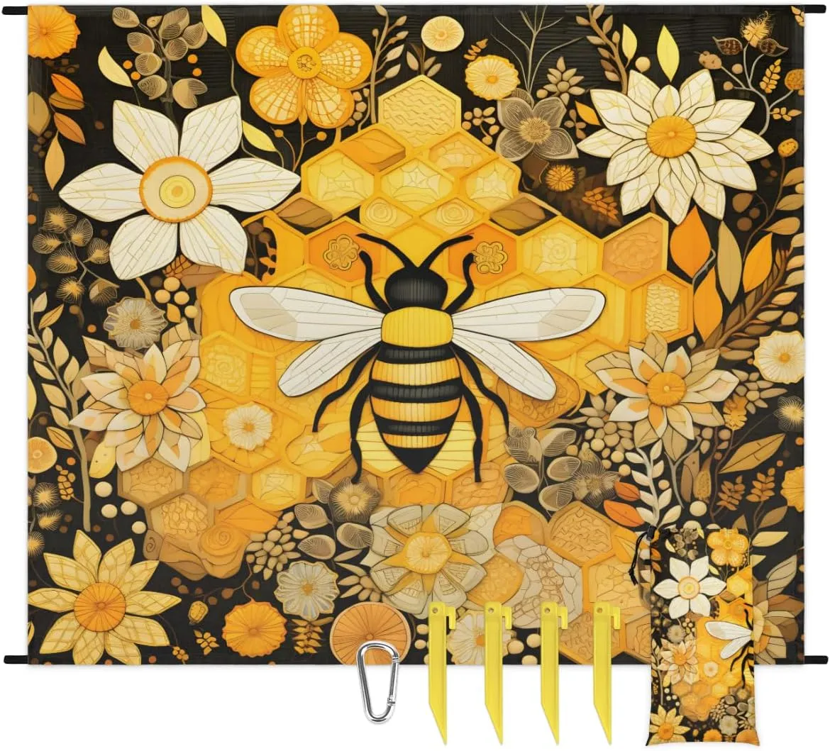 Beach Blanket, Cute Bee Sandproof Beach Mat, Waterproof Quick Drying Sand Free Mat with 4 x Ground Spikes for Outdoor Travel Camping Hiking, Bee Floral 68 x 59 in