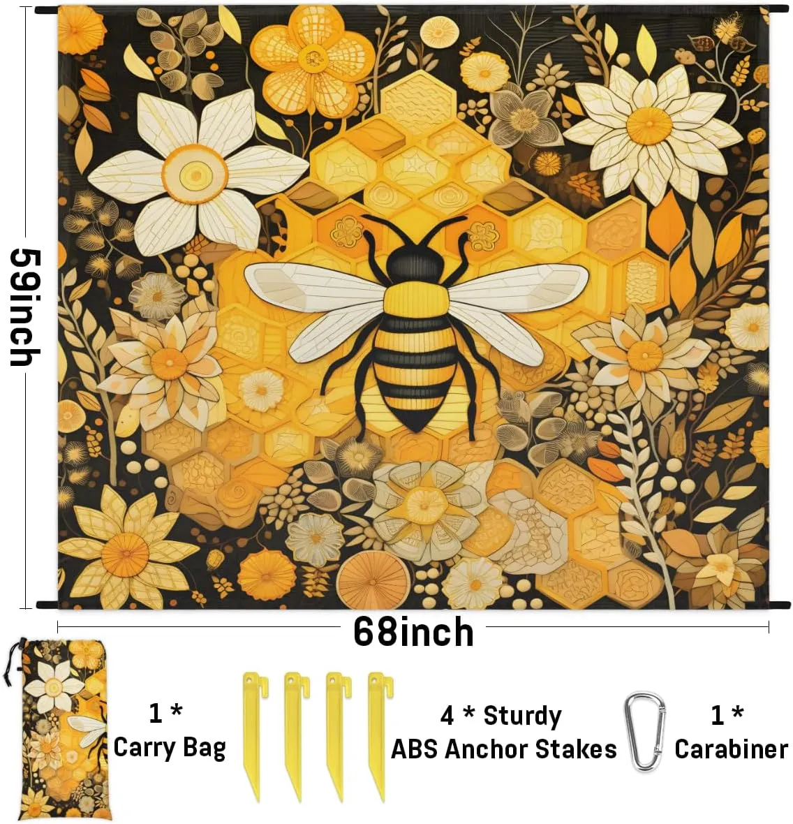 Beach Blanket, Cute Bee Sandproof Beach Mat, Waterproof Quick Drying Sand Free Mat with 4 x Ground Spikes for Outdoor Travel Camping Hiking, Bee Floral 68 x 59 in