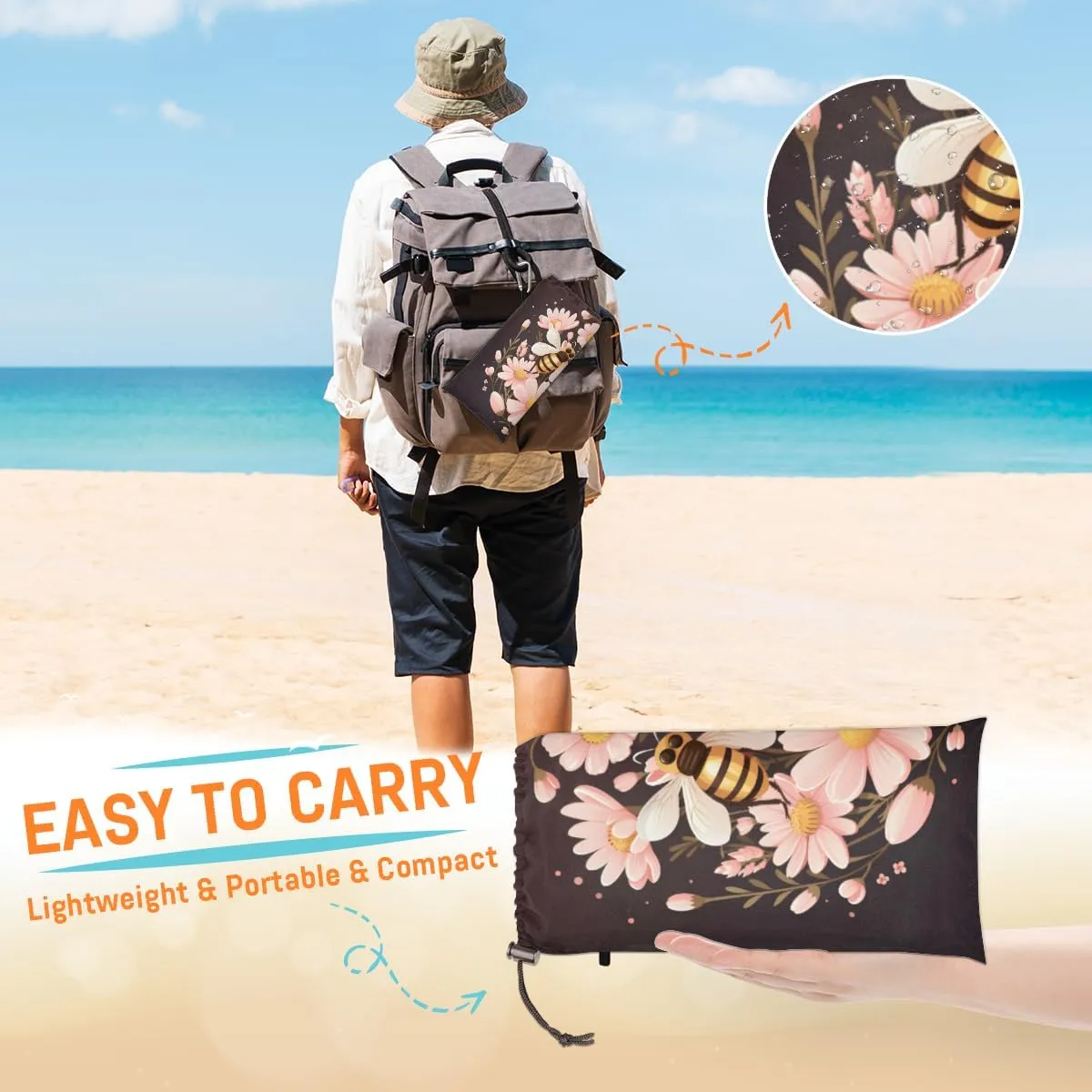 Beach Blanket, Cute Bee Sandproof Beach Mat, Waterproof Quick Drying Sand Free Mat with 4 x Ground Spikes for Outdoor Travel Camping Hiking, Daisy Bees 68 x 59 in