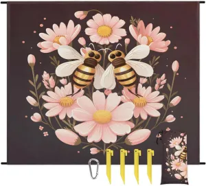 Beach Blanket, Cute Bee Sandproof Beach Mat, Waterproof Quick Drying Sand Free Mat with 4 x Ground Spikes for Outdoor Travel Camping Hiking, Daisy Bees 68 x 59 in