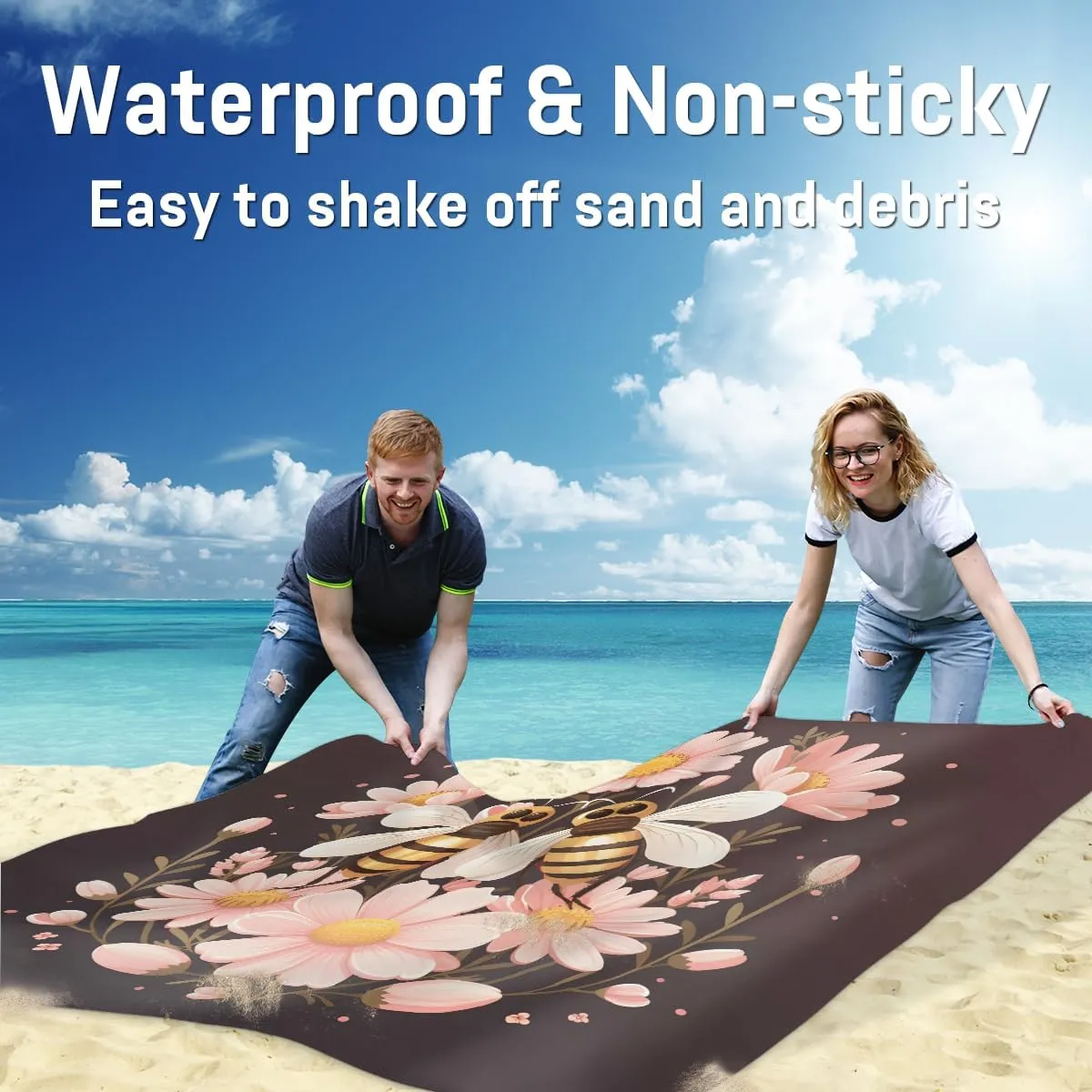Beach Blanket, Cute Bee Sandproof Beach Mat, Waterproof Quick Drying Sand Free Mat with 4 x Ground Spikes for Outdoor Travel Camping Hiking, Daisy Bees 68 x 59 in