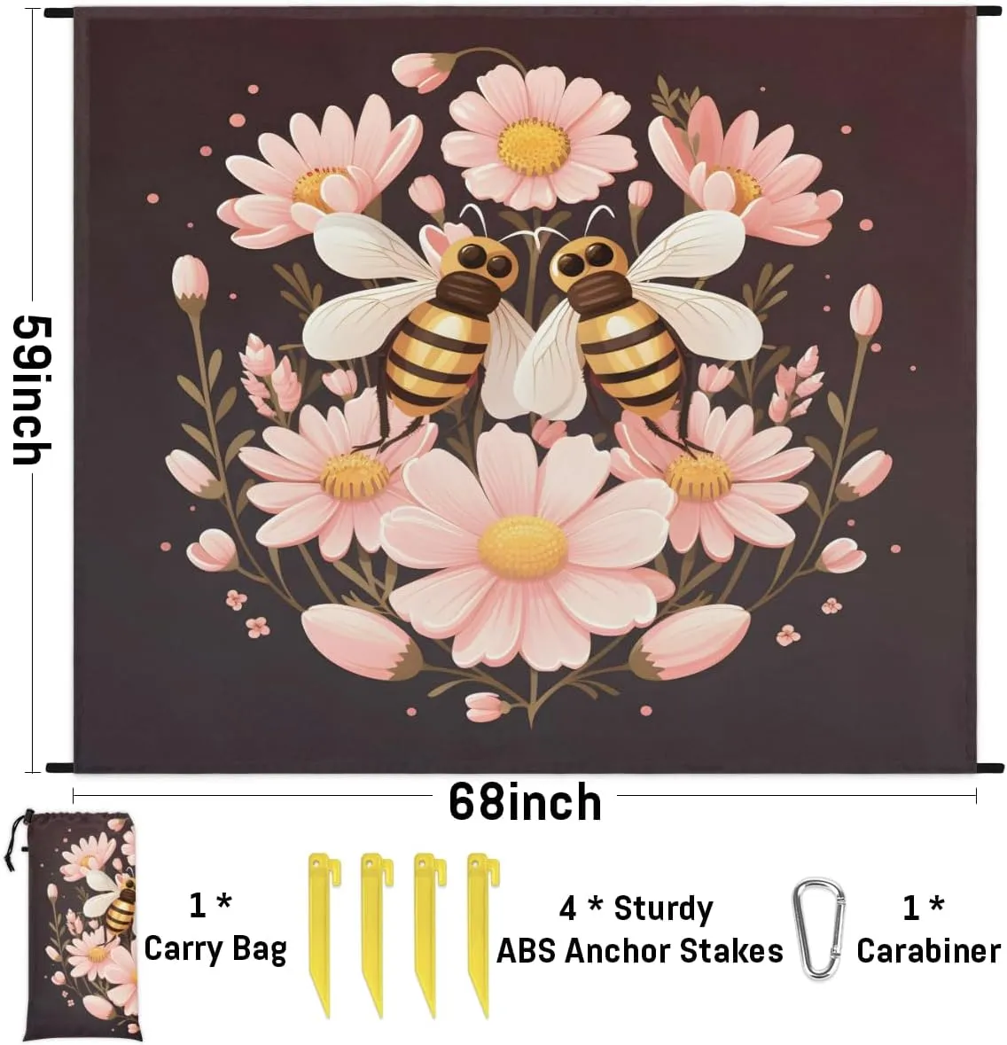 Beach Blanket, Cute Bee Sandproof Beach Mat, Waterproof Quick Drying Sand Free Mat with 4 x Ground Spikes for Outdoor Travel Camping Hiking, Daisy Bees 68 x 59 in