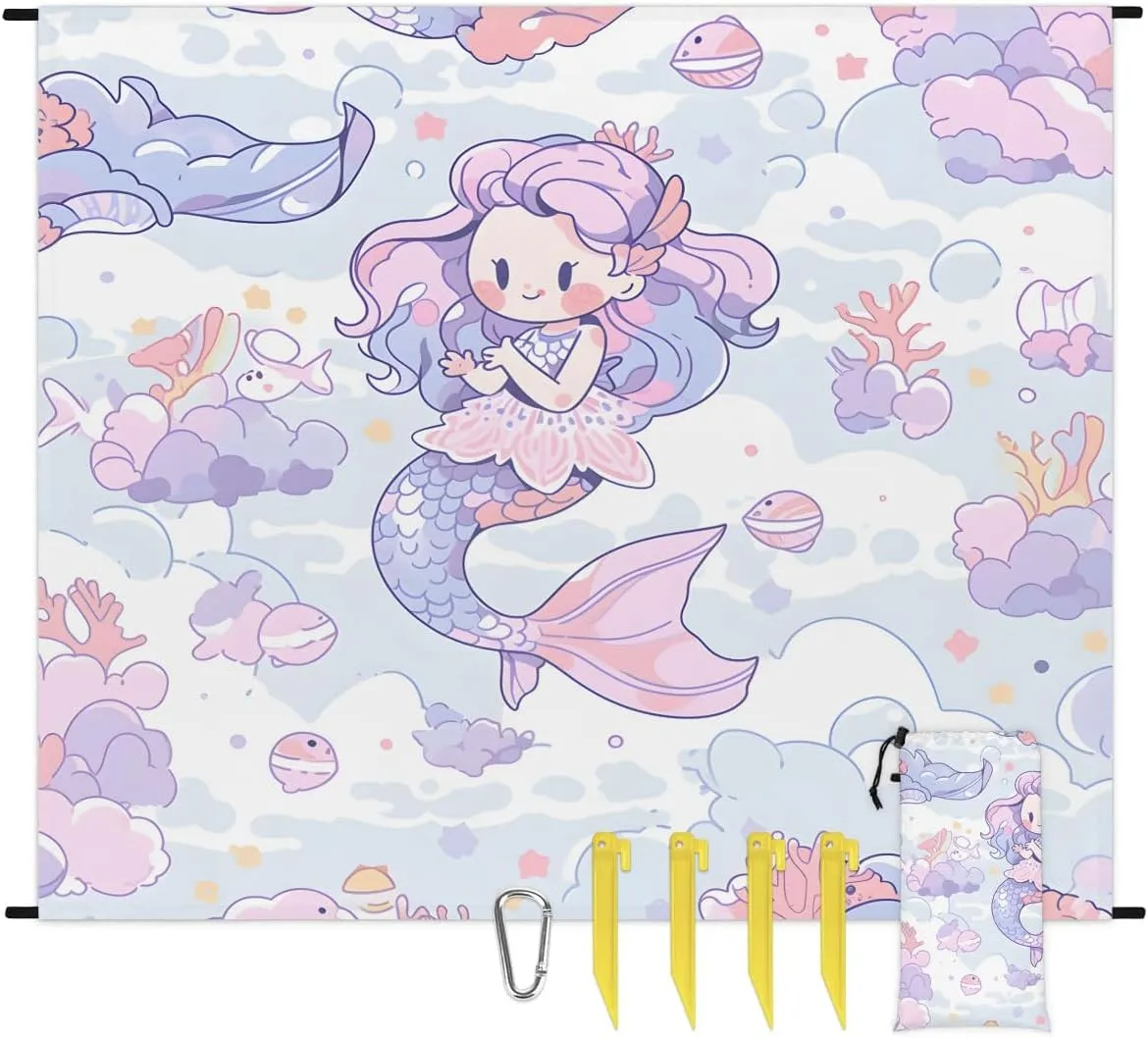 Beach Blanket, Cute Mermaid Sandproof Beach Mat, Waterproof Quick Drying Sand Free Mat with 4 x Ground Spikes for Outdoor Travel Camping Hiking, Mermaid 68 x 59 in