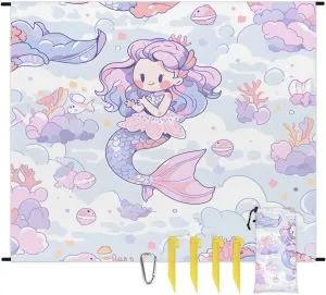 Beach Blanket, Cute Mermaid Sandproof Beach Mat, Waterproof Quick Drying Sand Free Mat with 4 x Ground Spikes for Outdoor Travel Camping Hiking, Mermaid 68 x 59 in