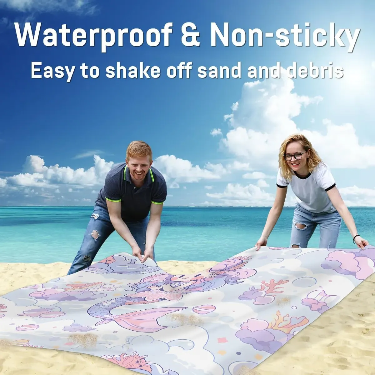 Beach Blanket, Cute Mermaid Sandproof Beach Mat, Waterproof Quick Drying Sand Free Mat with 4 x Ground Spikes for Outdoor Travel Camping Hiking, Mermaid 68 x 59 in