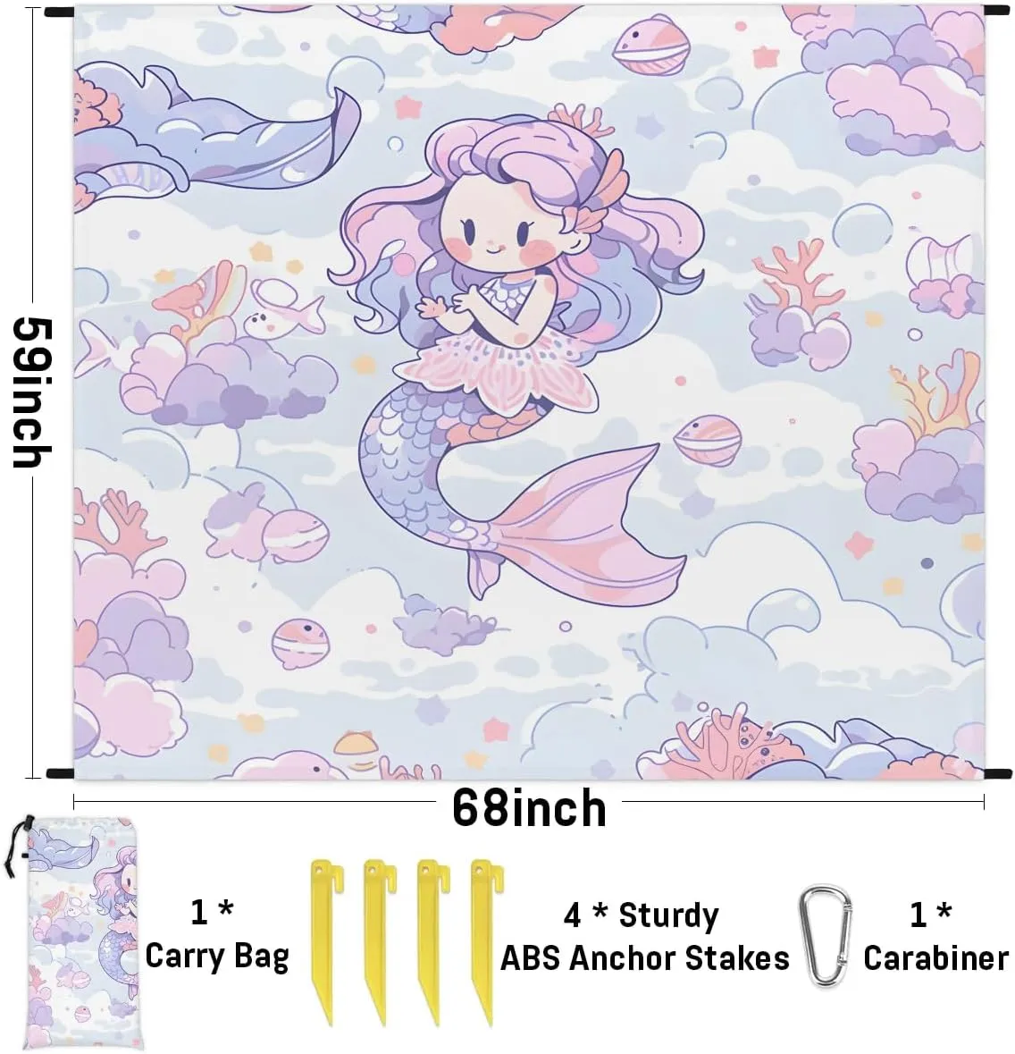 Beach Blanket, Cute Mermaid Sandproof Beach Mat, Waterproof Quick Drying Sand Free Mat with 4 x Ground Spikes for Outdoor Travel Camping Hiking, Mermaid 68 x 59 in