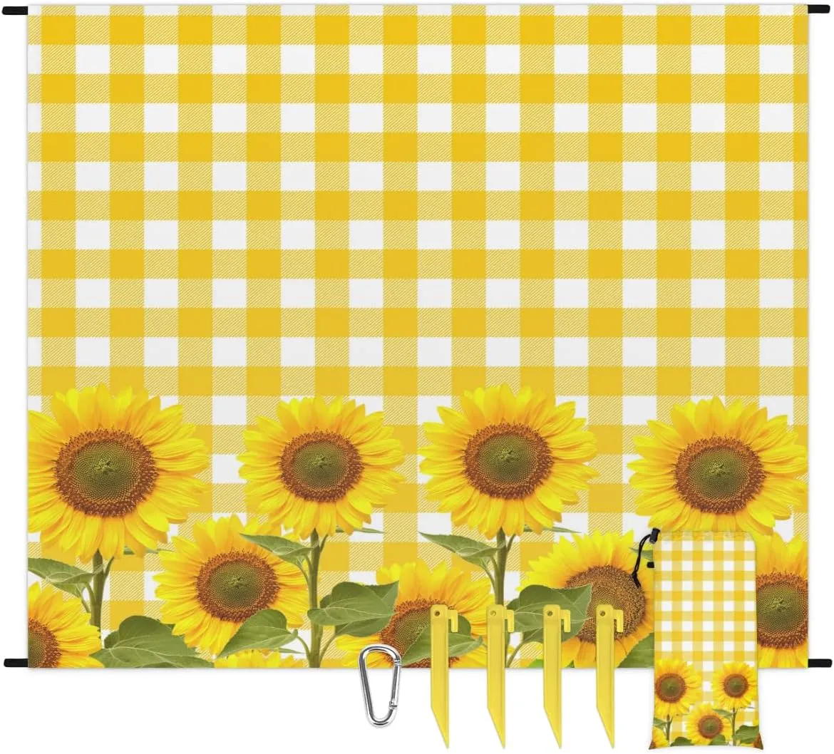 Beach Blanket, Cute Sunflower Sandproof Beach Mat, Waterproof Quick Drying Sand Free Mat with 4 x Ground Spikes for Outdoor Travel Camping Hiking, Plaid 68 x 59 in