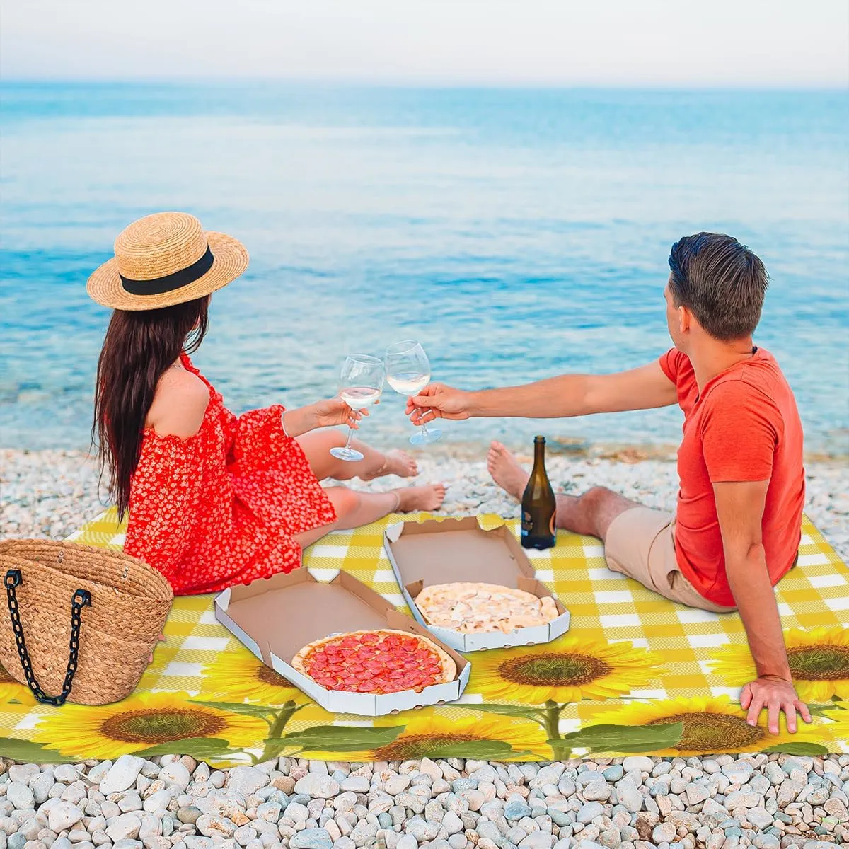 Beach Blanket, Cute Sunflower Sandproof Beach Mat, Waterproof Quick Drying Sand Free Mat with 4 x Ground Spikes for Outdoor Travel Camping Hiking, Plaid 68 x 59 in