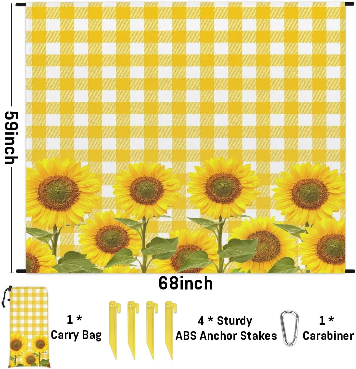 Beach Blanket, Cute Sunflower Sandproof Beach Mat, Waterproof Quick Drying Sand Free Mat with 4 x Ground Spikes for Outdoor Travel Camping Hiking, Plaid 68 x 59 in
