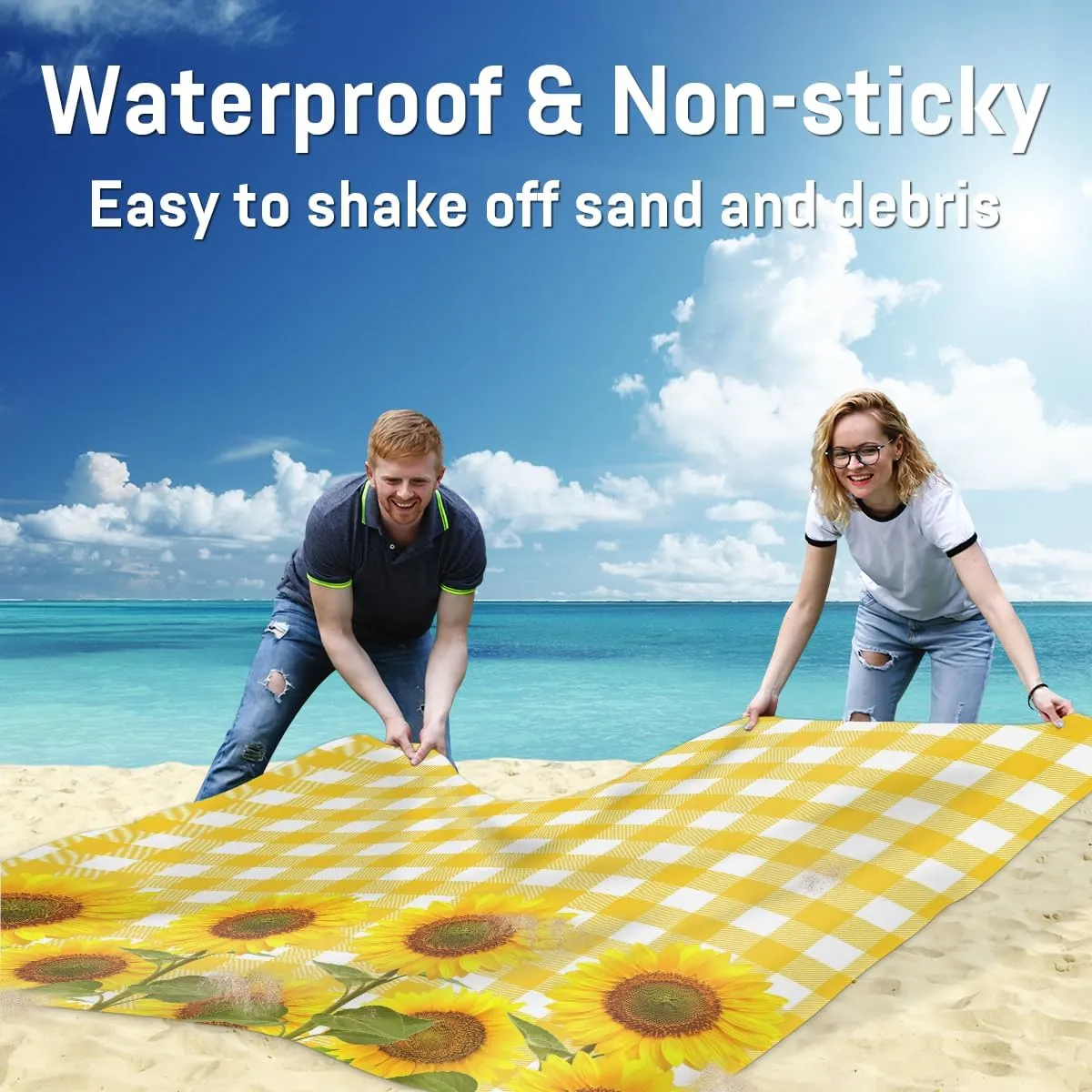Beach Blanket, Cute Sunflower Sandproof Beach Mat, Waterproof Quick Drying Sand Free Mat with 4 x Ground Spikes for Outdoor Travel Camping Hiking, Plaid 68 x 59 in