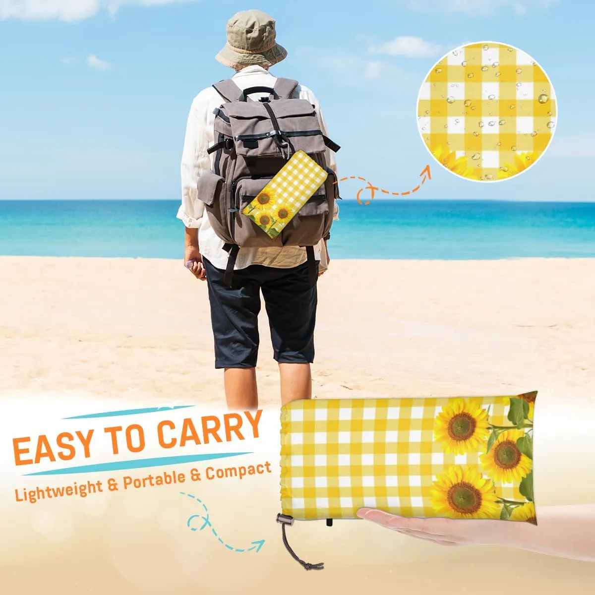 Beach Blanket, Cute Sunflower Sandproof Beach Mat, Waterproof Quick Drying Sand Free Mat with 4 x Ground Spikes for Outdoor Travel Camping Hiking, Plaid 68 x 59 in