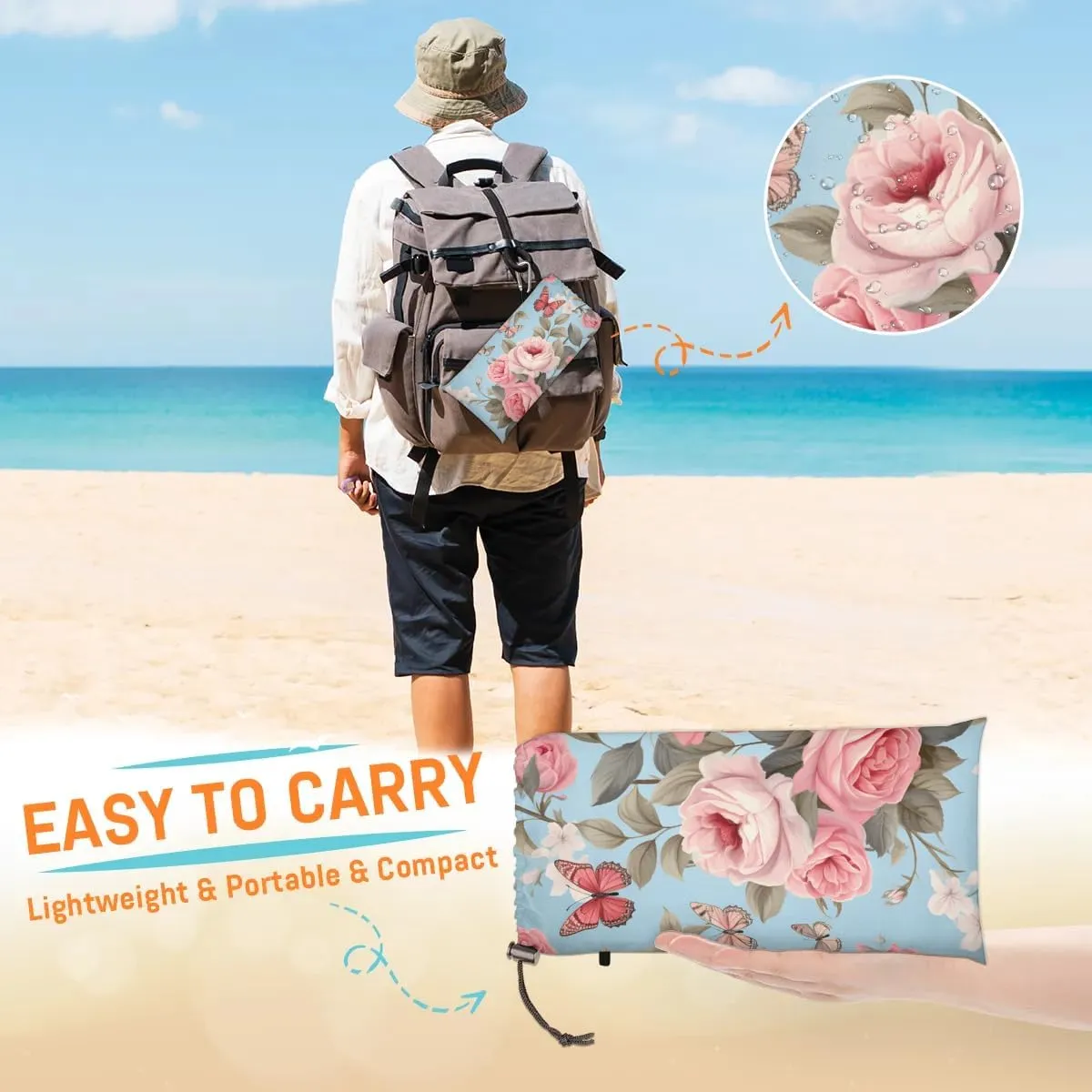 Beach Blanket, Flower Butterfly Sandproof Beach Mat, Waterproof Quick Drying Sand Free Mat with 4 x Ground Spikes for Outdoor Travel Camping Hiking, Spring Butterfly Floral 68 x 59 in