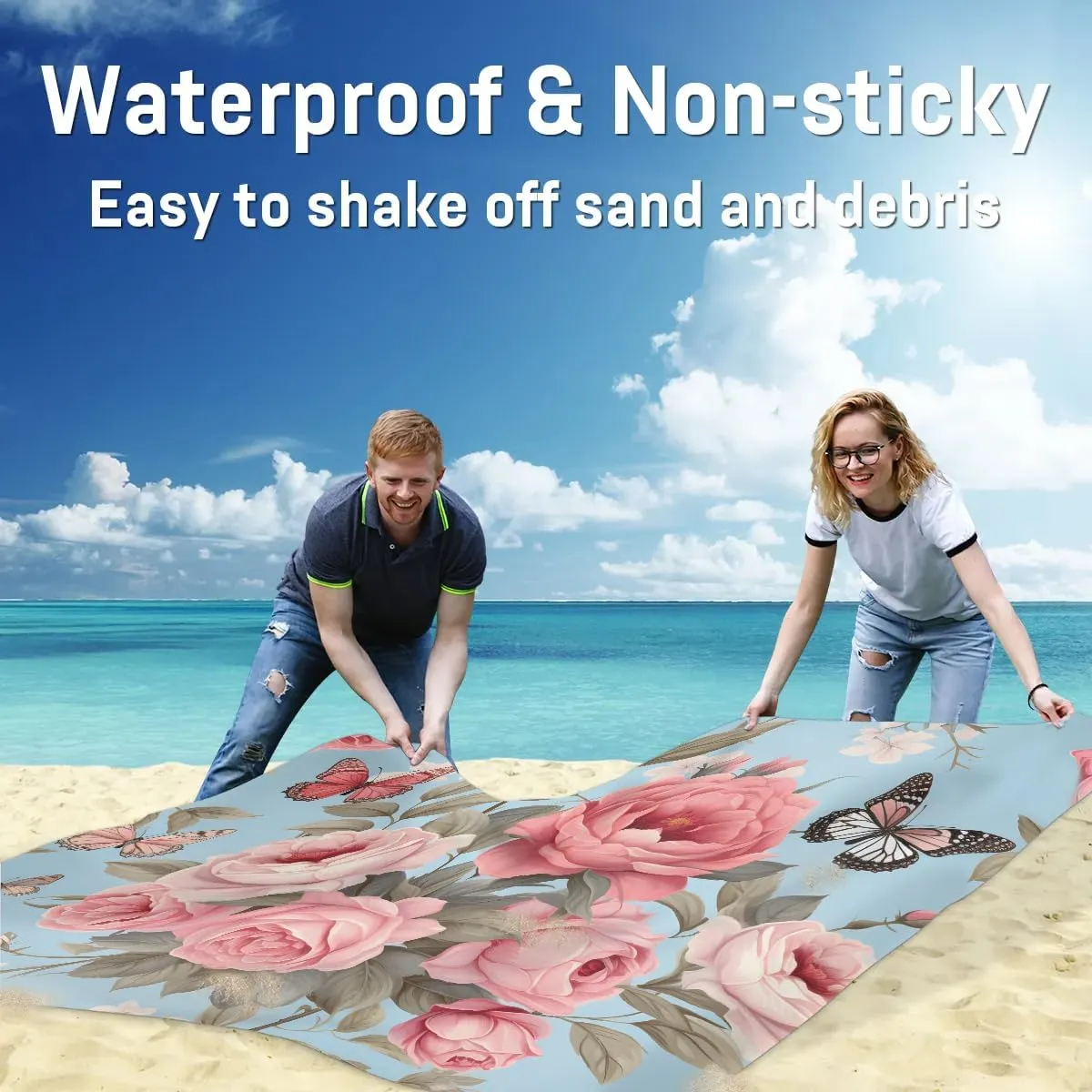 Beach Blanket, Flower Butterfly Sandproof Beach Mat, Waterproof Quick Drying Sand Free Mat with 4 x Ground Spikes for Outdoor Travel Camping Hiking, Spring Butterfly Floral 68 x 59 in