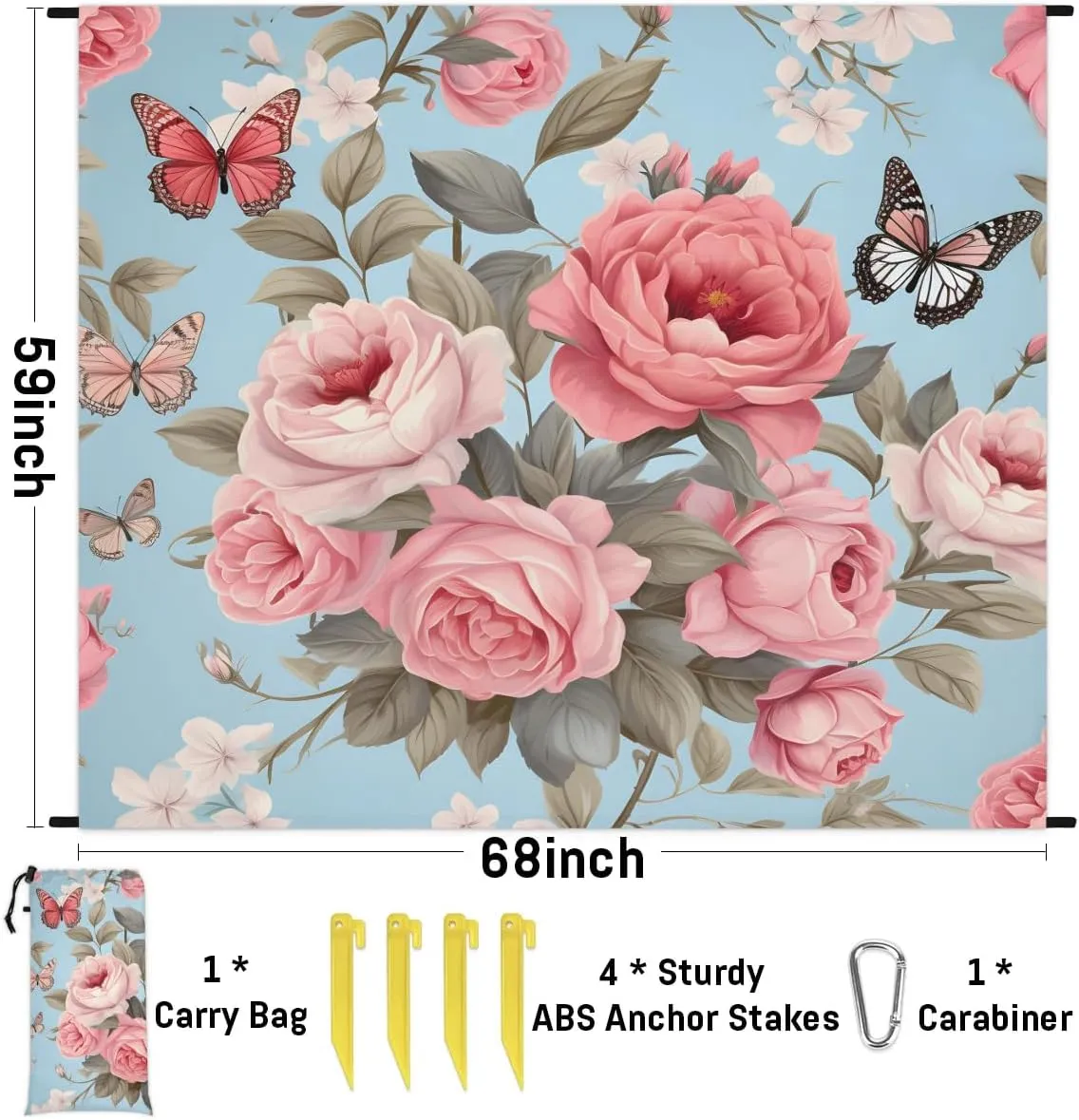 Beach Blanket, Flower Butterfly Sandproof Beach Mat, Waterproof Quick Drying Sand Free Mat with 4 x Ground Spikes for Outdoor Travel Camping Hiking, Spring Butterfly Floral 68 x 59 in