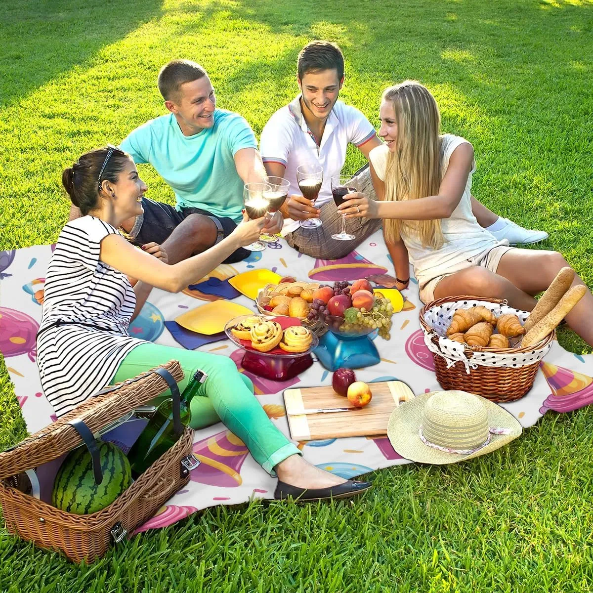 Beach Blanket, Happy Birthday Sandproof Beach Mat, Waterproof Quick Drying Sand Free Mat with 4 x Ground Spikes for Outdoor Travel Camping Hiking, Polka Dot Hats 68 x 59 in