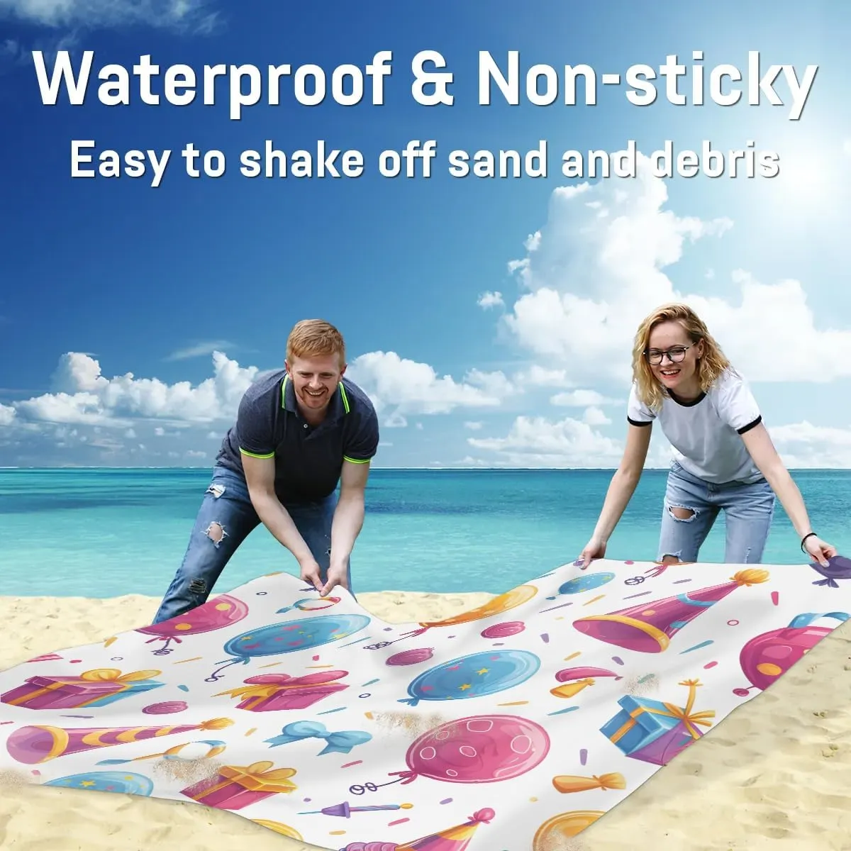 Beach Blanket, Happy Birthday Sandproof Beach Mat, Waterproof Quick Drying Sand Free Mat with 4 x Ground Spikes for Outdoor Travel Camping Hiking, Polka Dot Hats 68 x 59 in
