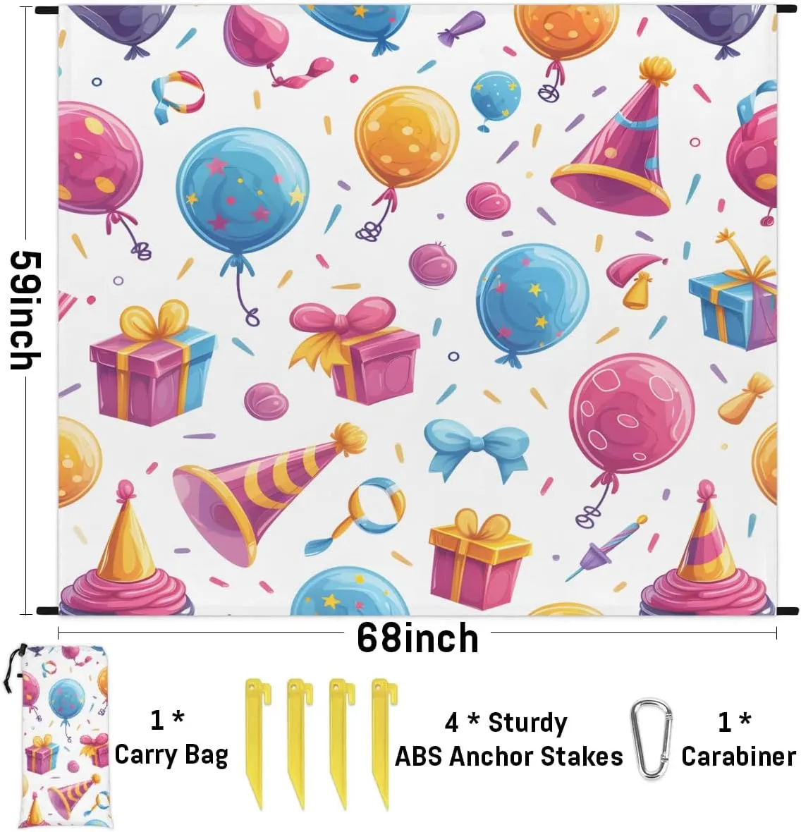 Beach Blanket, Happy Birthday Sandproof Beach Mat, Waterproof Quick Drying Sand Free Mat with 4 x Ground Spikes for Outdoor Travel Camping Hiking, Polka Dot Hats 68 x 59 in