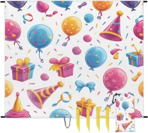 Beach Blanket, Happy Birthday Sandproof Beach Mat, Waterproof Quick Drying Sand Free Mat with 4 x Ground Spikes for Outdoor Travel Camping Hiking, Polka Dot Hats 68 x 59 in