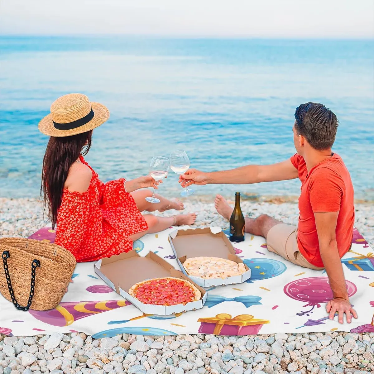 Beach Blanket, Happy Birthday Sandproof Beach Mat, Waterproof Quick Drying Sand Free Mat with 4 x Ground Spikes for Outdoor Travel Camping Hiking, Polka Dot Hats 68 x 59 in