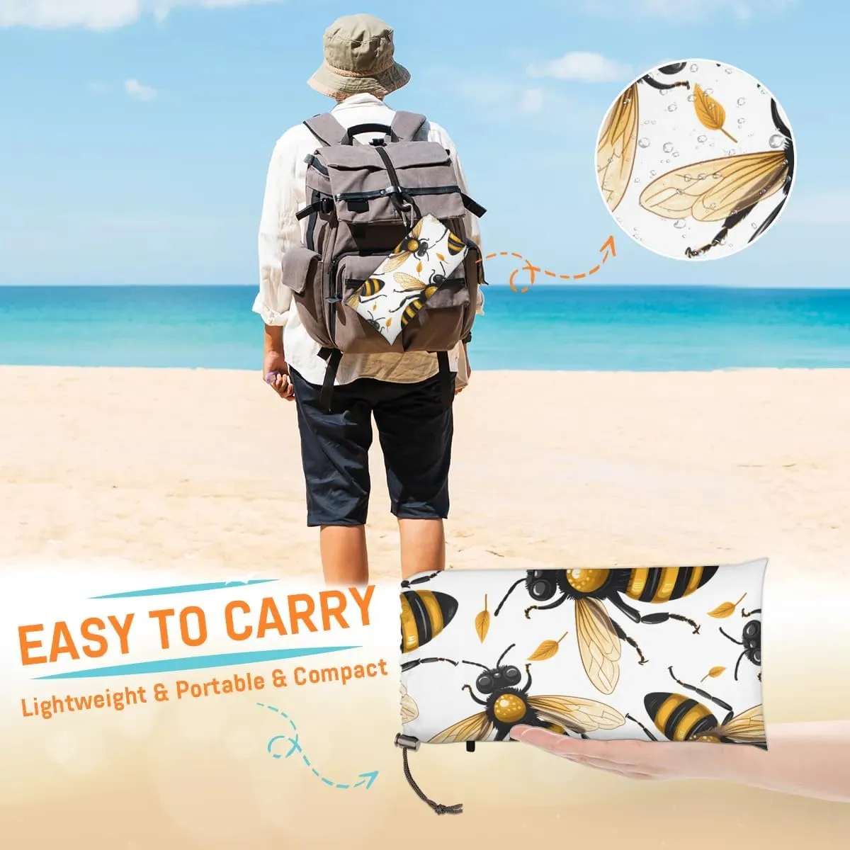 Beach Blanket, Honey Bee Sandproof Beach Mat, Waterproof Quick Drying Sand Free Mat with 4 x Ground Spikes for Outdoor Travel Camping Hiking, Bee 68 x 59 in
