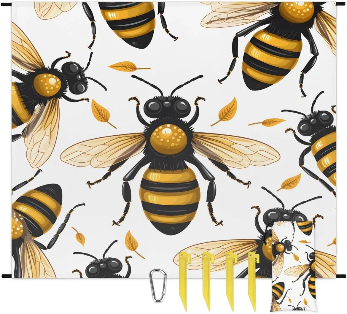 Beach Blanket, Honey Bee Sandproof Beach Mat, Waterproof Quick Drying Sand Free Mat with 4 x Ground Spikes for Outdoor Travel Camping Hiking, Bee 68 x 59 in