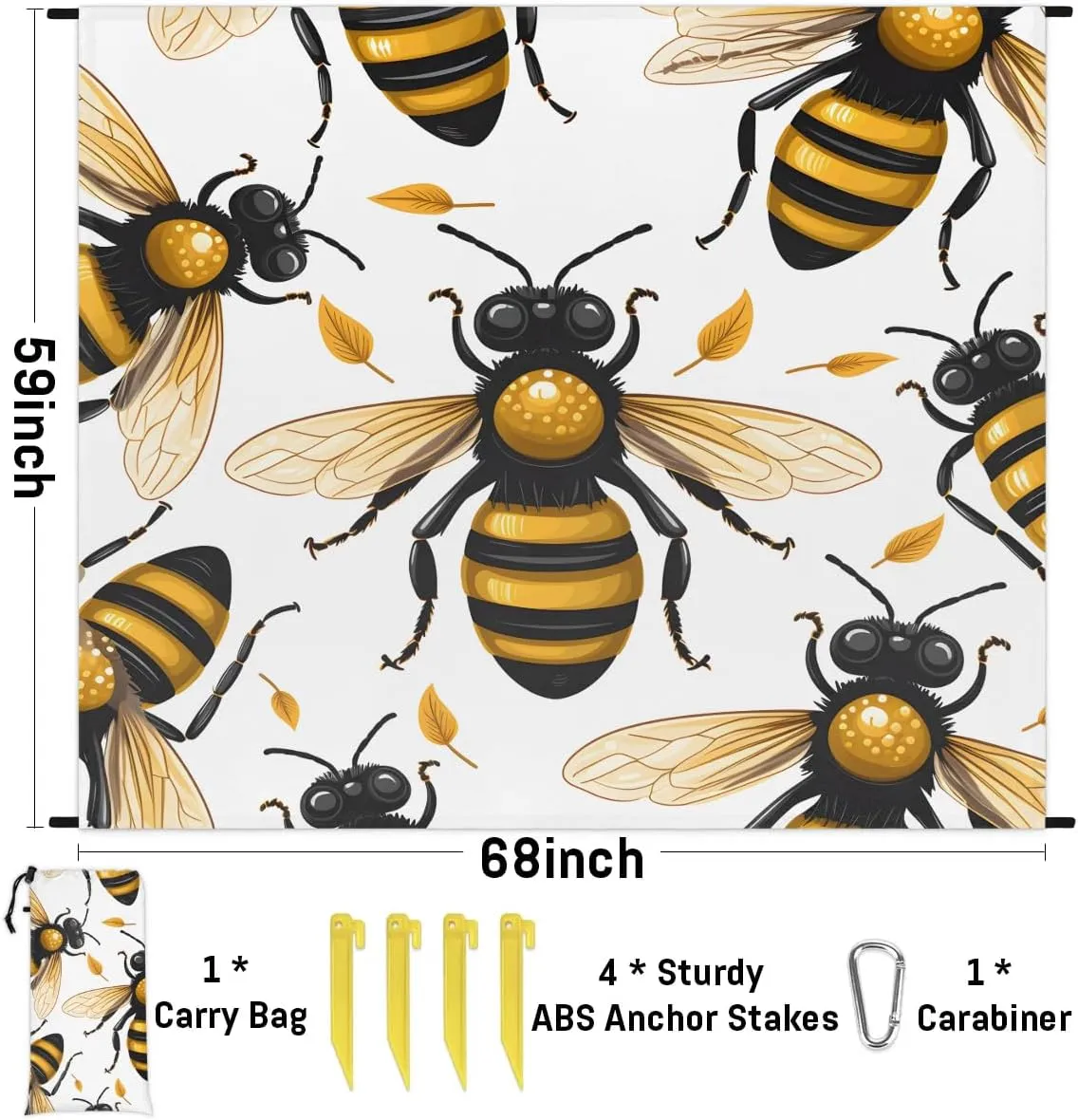 Beach Blanket, Honey Bee Sandproof Beach Mat, Waterproof Quick Drying Sand Free Mat with 4 x Ground Spikes for Outdoor Travel Camping Hiking, Bee 68 x 59 in