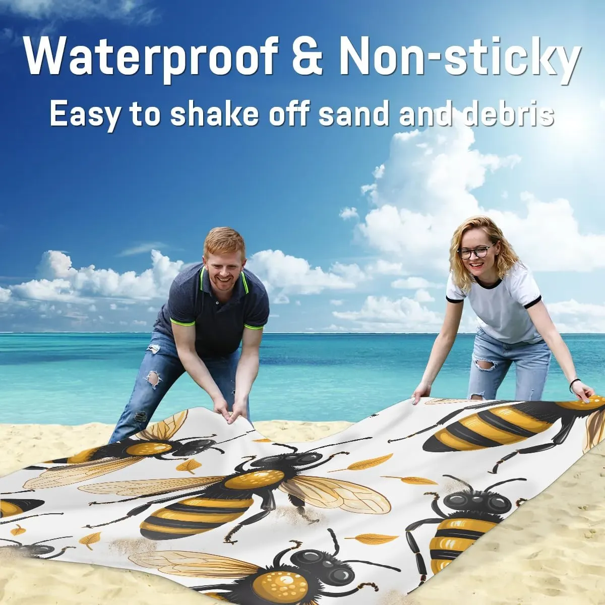 Beach Blanket, Honey Bee Sandproof Beach Mat, Waterproof Quick Drying Sand Free Mat with 4 x Ground Spikes for Outdoor Travel Camping Hiking, Bee 68 x 59 in
