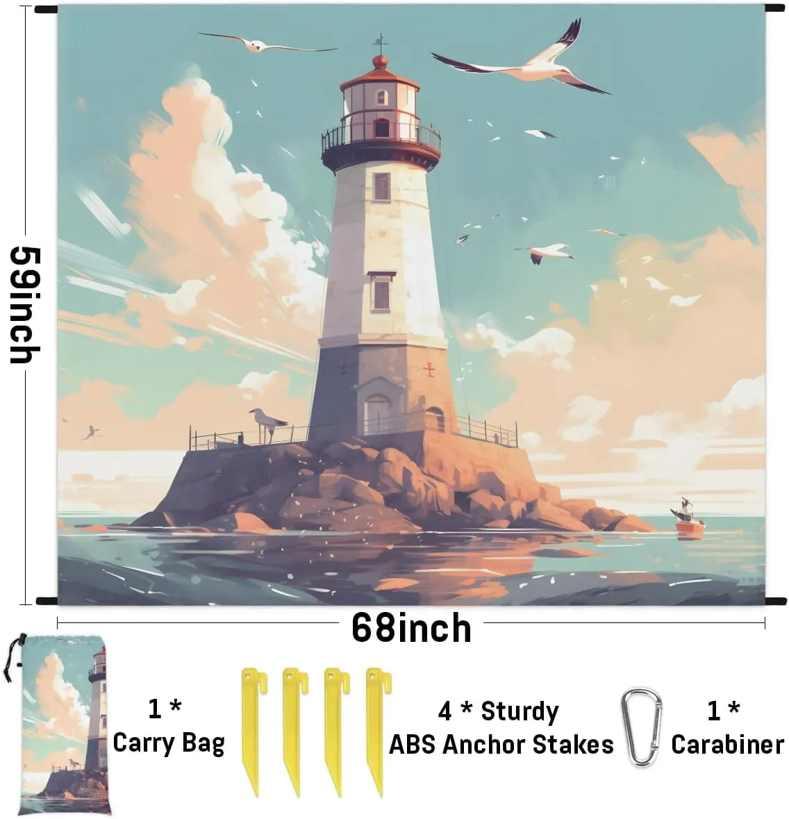Beach Blanket, Lighthouse Seagull Sandproof Beach Mat, Waterproof Quick Drying Sand Free Mat with 4 x Ground Spikes for Outdoor Travel Camping Hiking, Nautical Lighthouse 68 x 59 in
