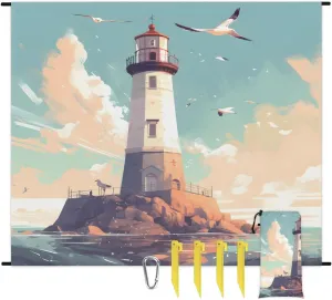 Beach Blanket, Lighthouse Seagull Sandproof Beach Mat, Waterproof Quick Drying Sand Free Mat with 4 x Ground Spikes for Outdoor Travel Camping Hiking, Nautical Lighthouse 68 x 59 in