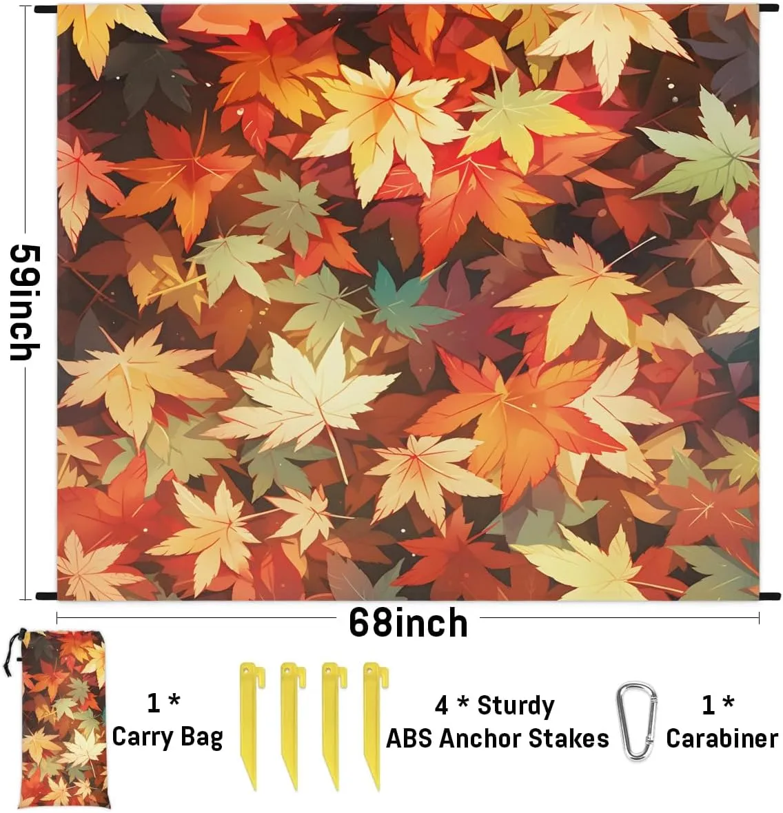 Beach Blanket, Maple Leaves Sandproof Beach Mat, Waterproof Quick Drying Sand Free Mat with 4 x Ground Spikes for Outdoor Travel Camping Hiking, Fall Maple Leaves 68 x 59 in